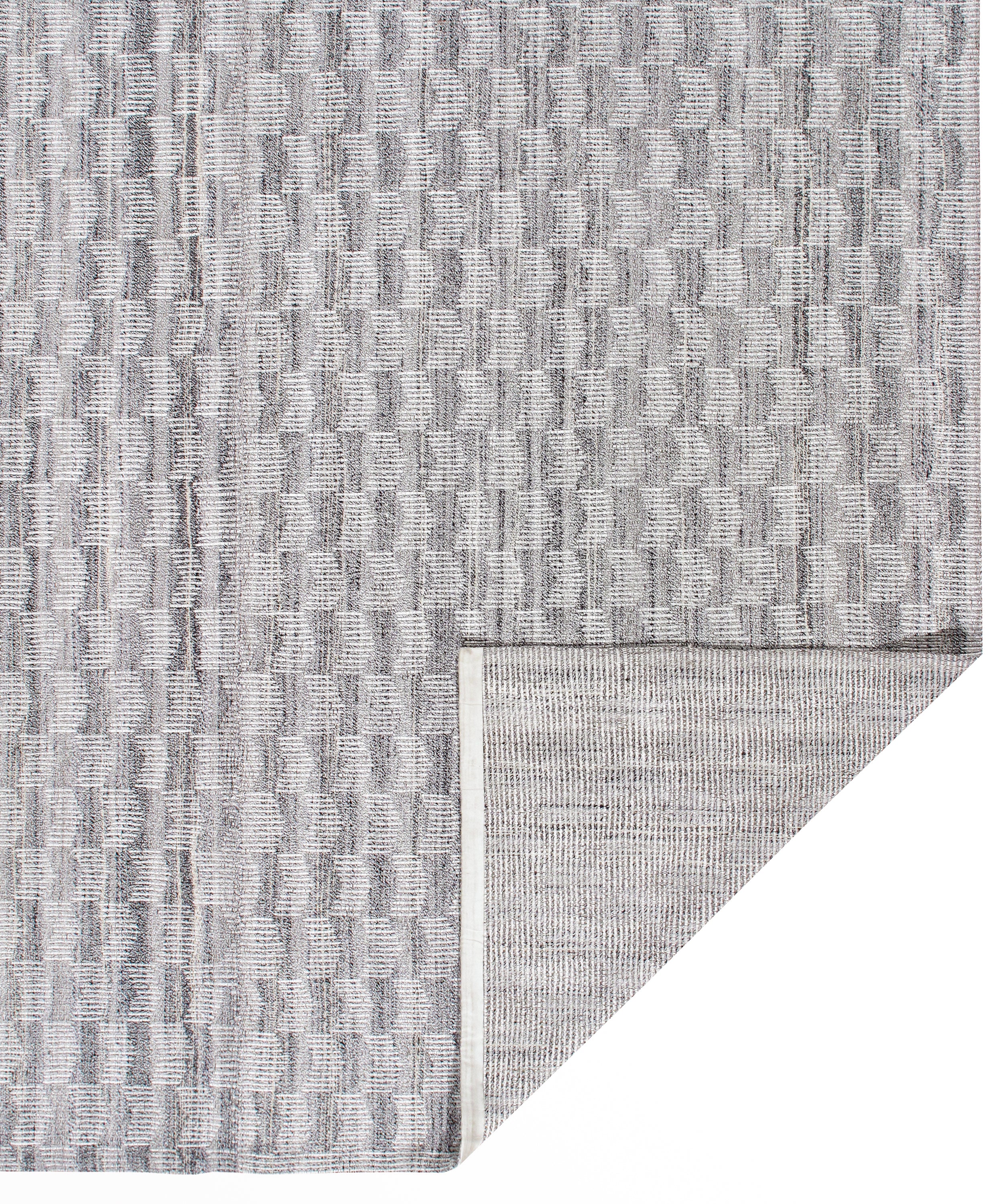 Handwoven Wool Rug in Cool Ivory with Textural Micro-Grid Pattern