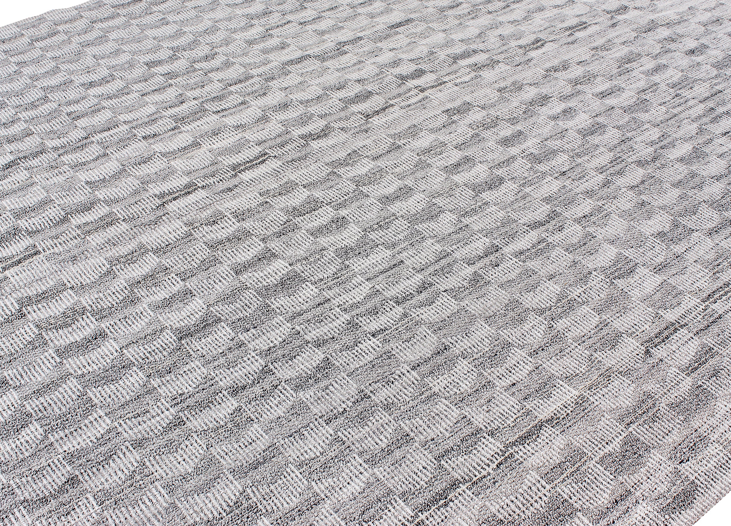 Handwoven Wool Rug in Cool Ivory with Textural Micro-Grid Pattern