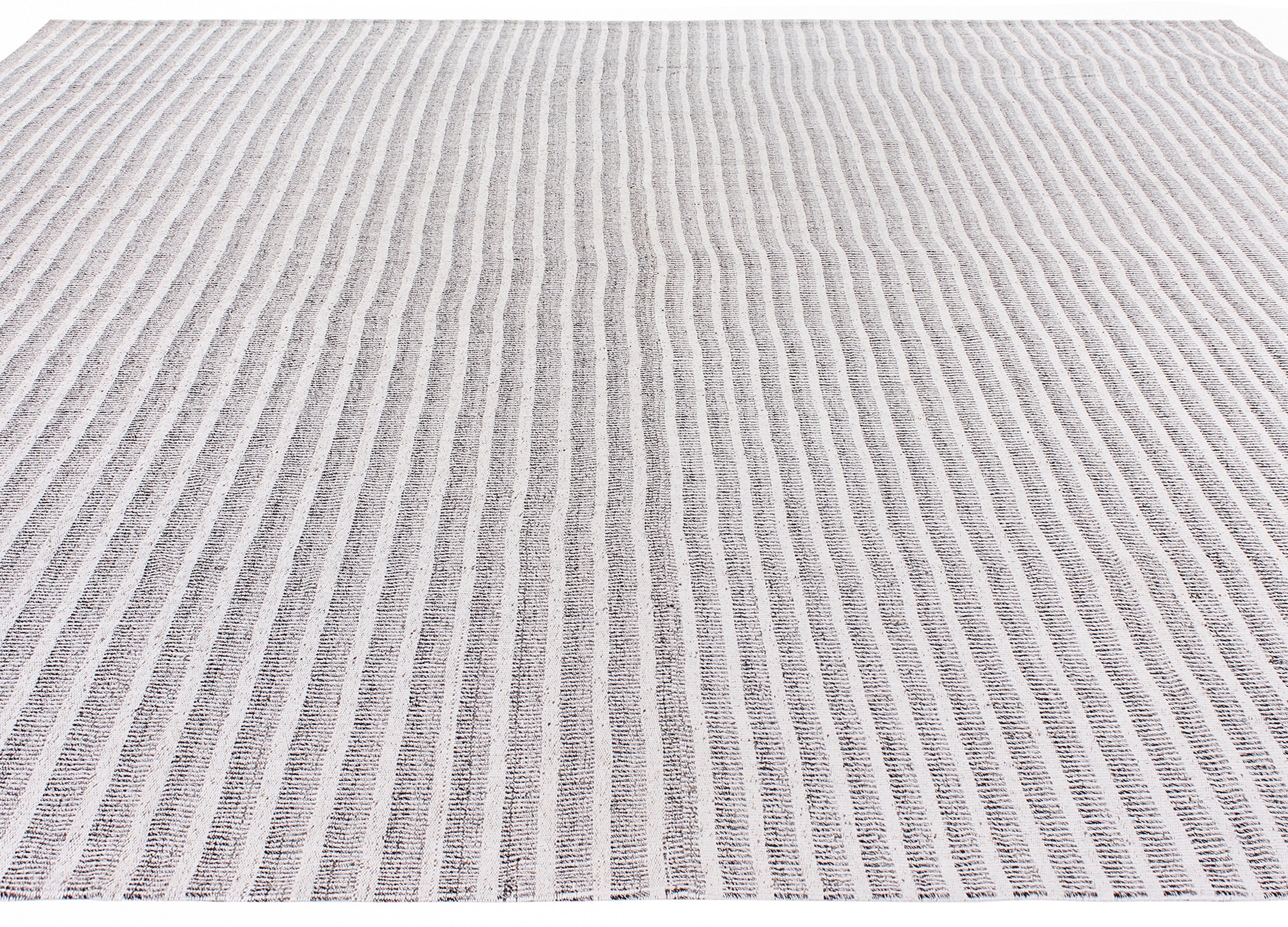 Minimalist Ivory and Slate Wool Rug with Woven Grid Texture