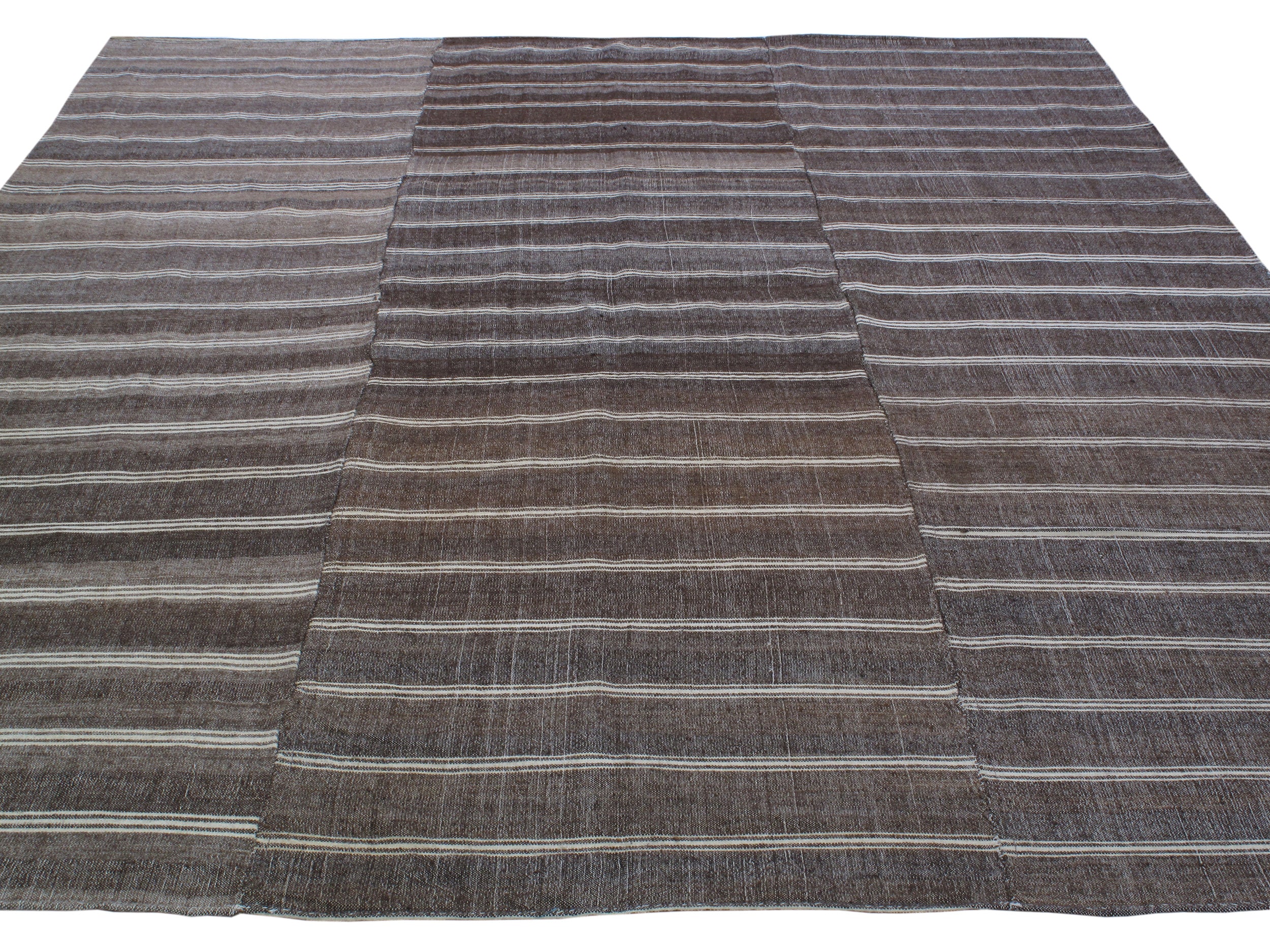 Dark Brown Flatweave Rug with Ivory Horizontal Stripes