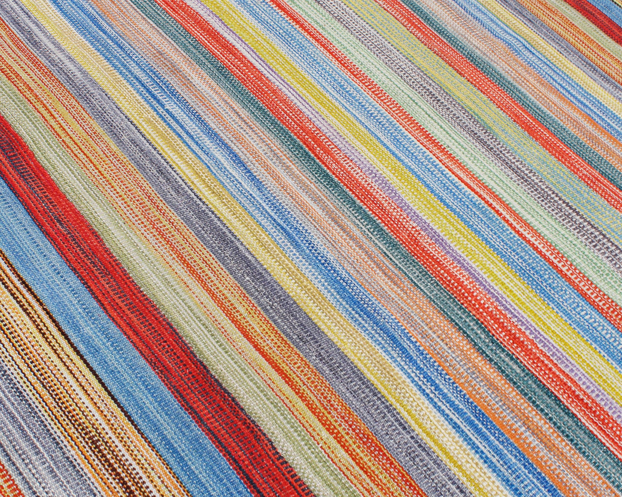 Handwoven Rainbow Stripe Wool Rug with Bright Multicolor Bands