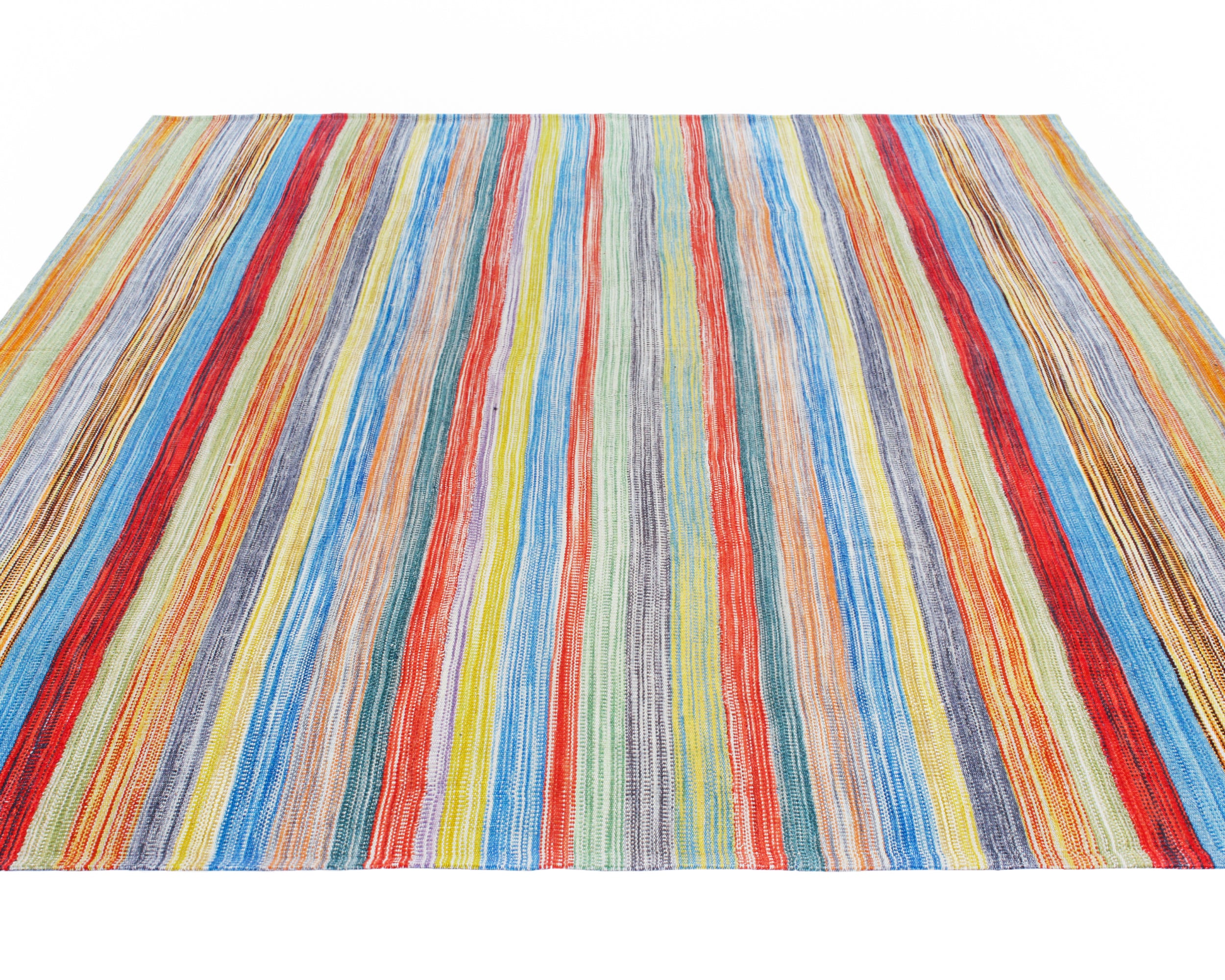 Handwoven Rainbow Stripe Wool Rug with Bright Multicolor Bands
