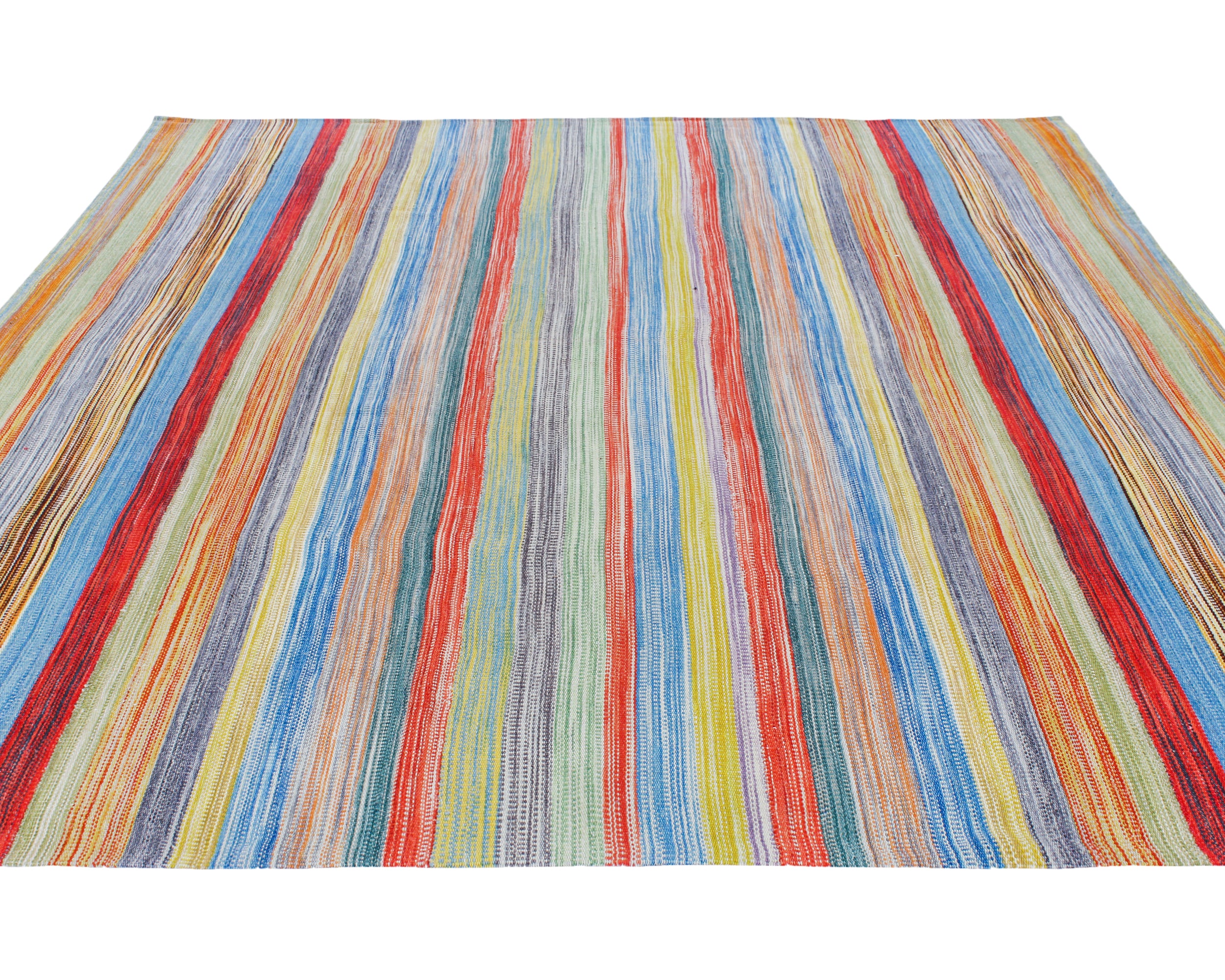 Handwoven Rainbow Stripe Wool Rug with Bright Multicolor Bands