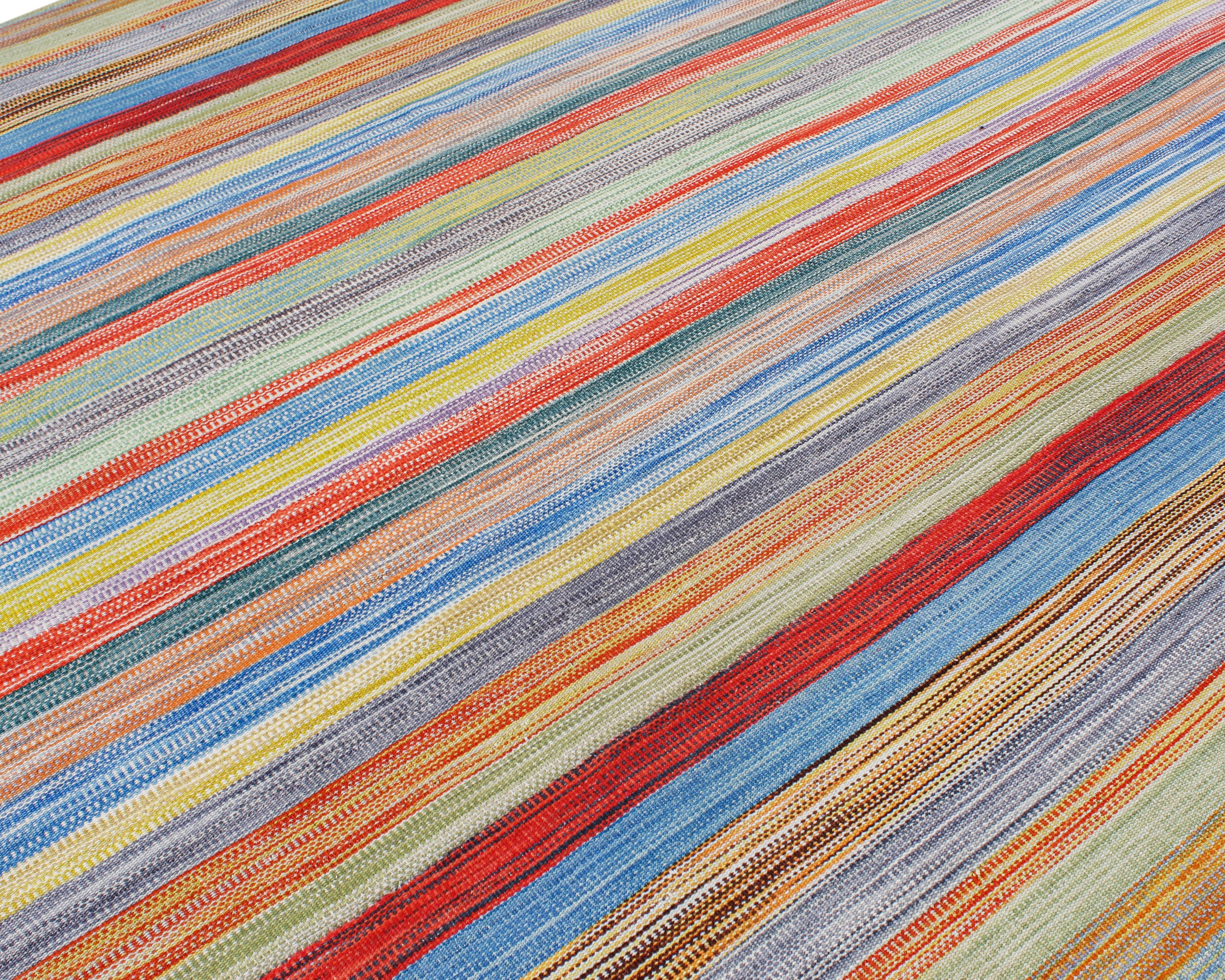 Handwoven Rainbow Stripe Wool Rug with Bright Multicolor Bands