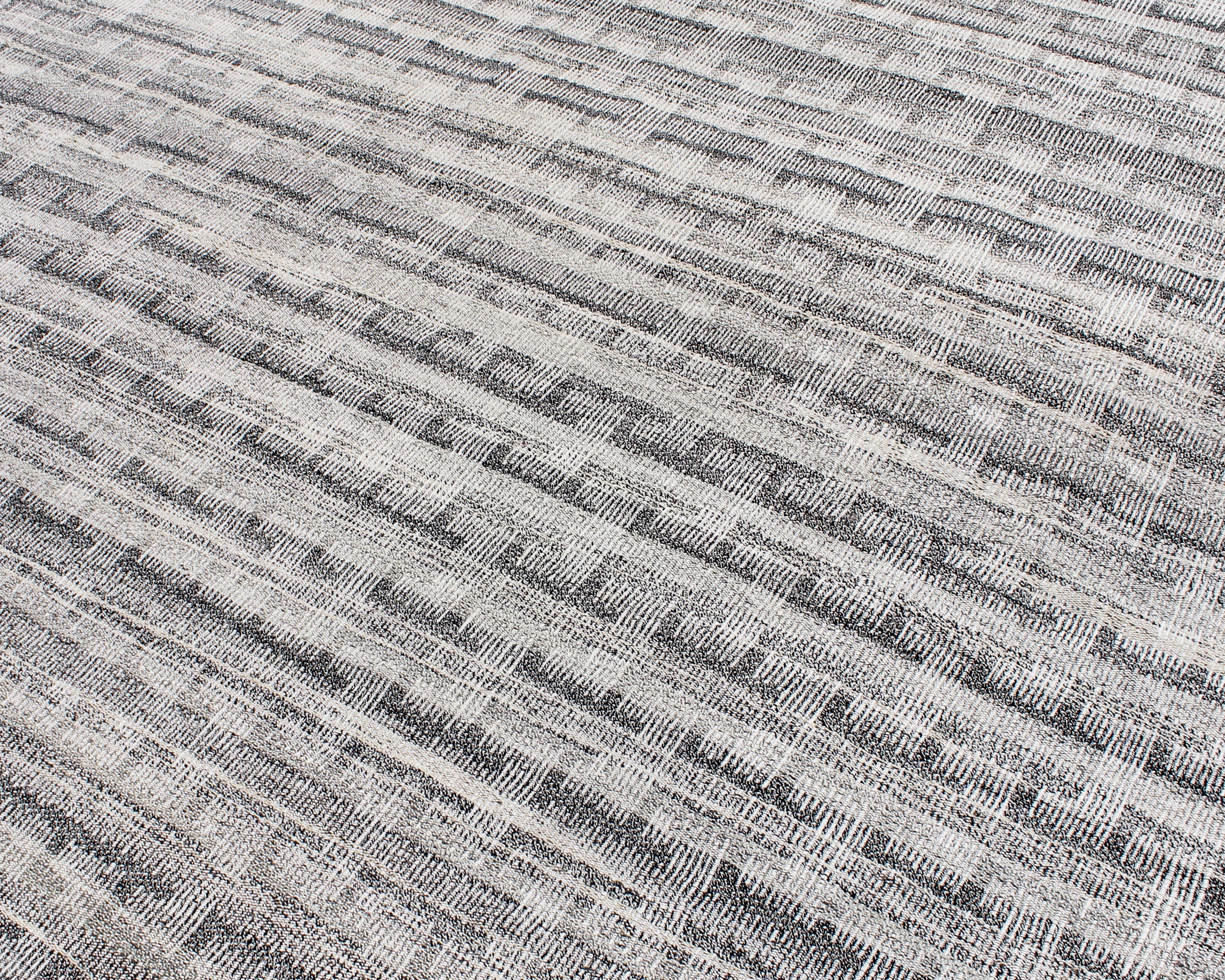 Handwoven Grey Wool Rug with Vertical Strié Texture and Tonal Pattern