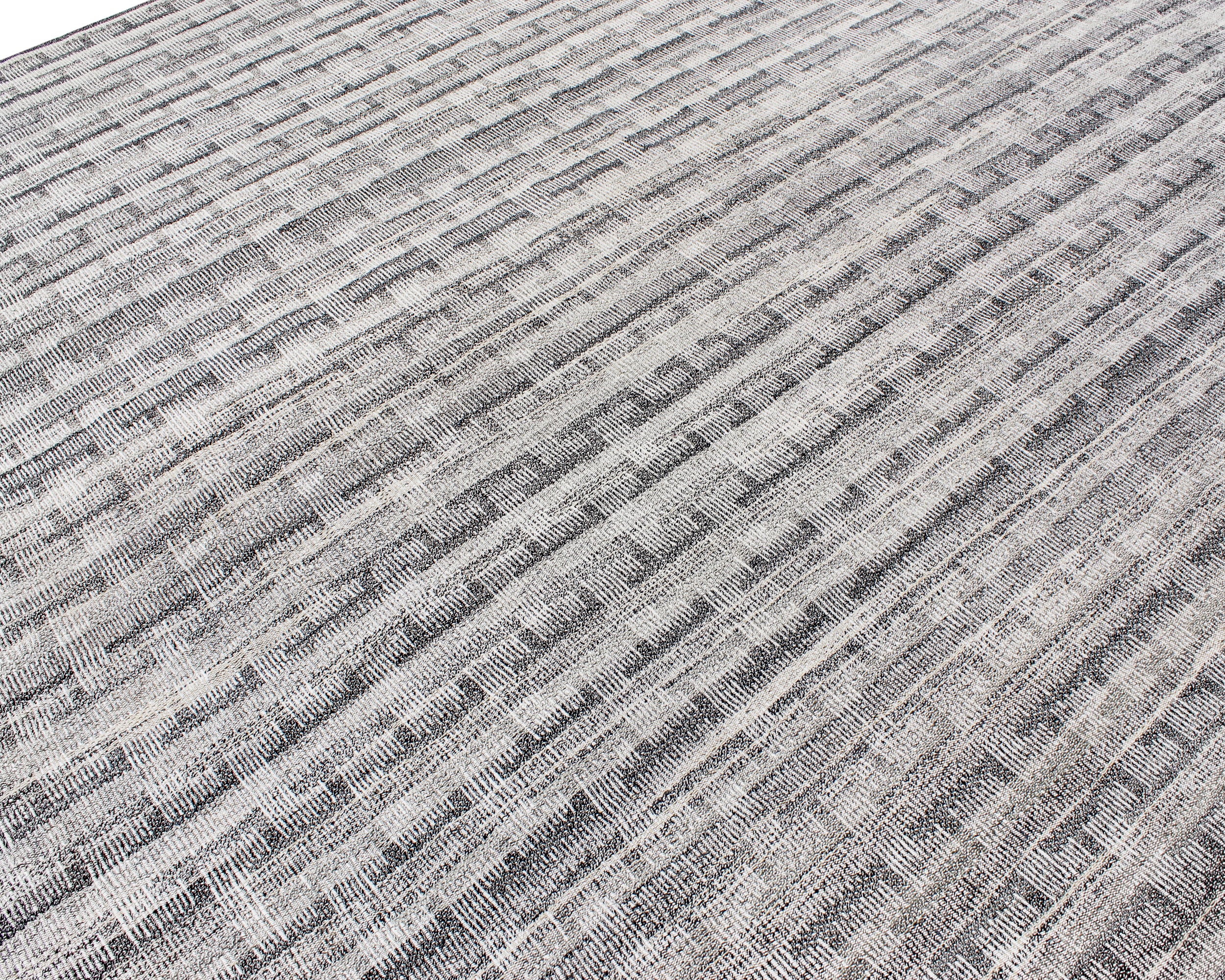 Handwoven Grey Wool Rug with Vertical Strié Texture and Tonal Pattern