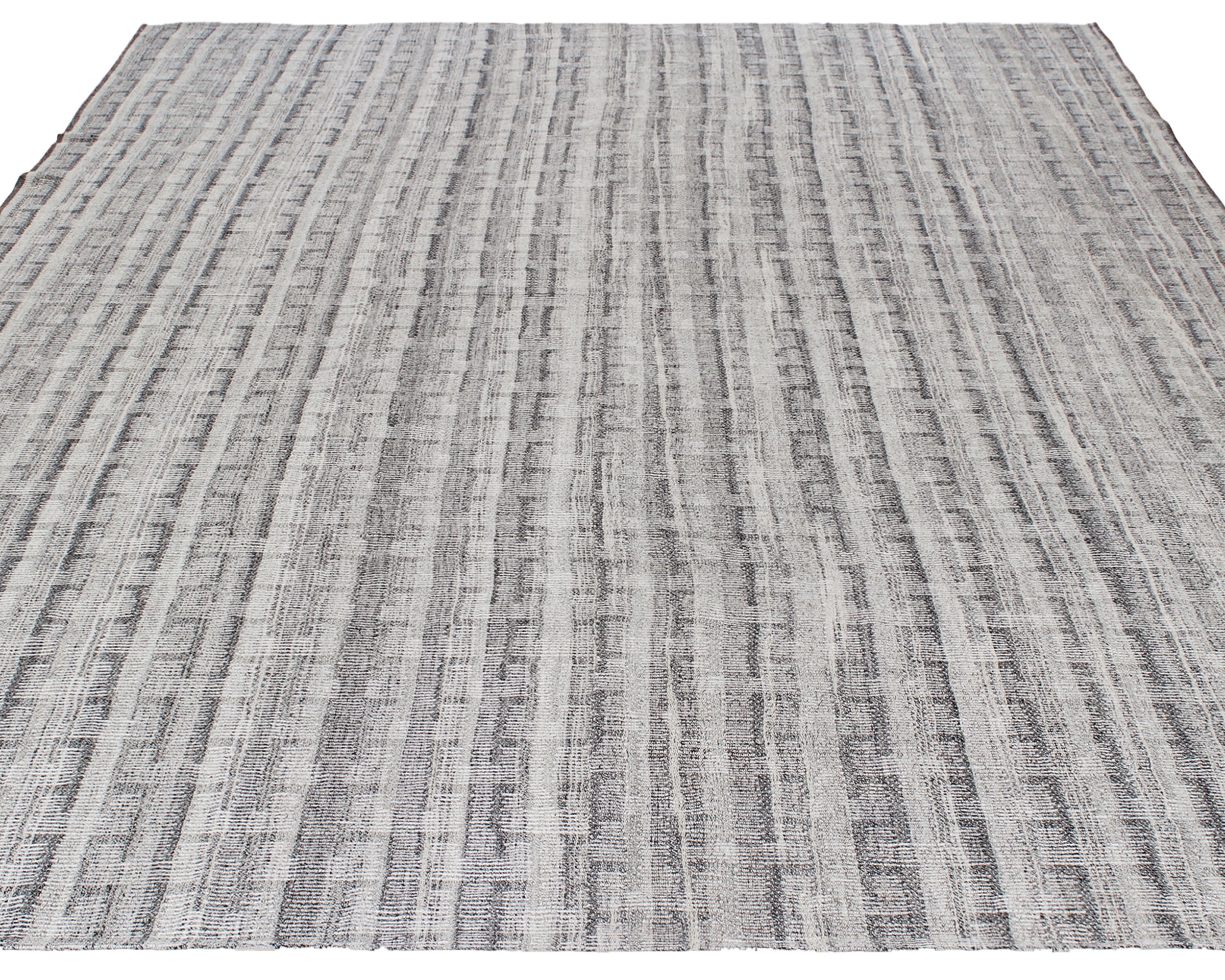 Handwoven Grey Wool Rug with Vertical Strié Texture and Tonal Pattern