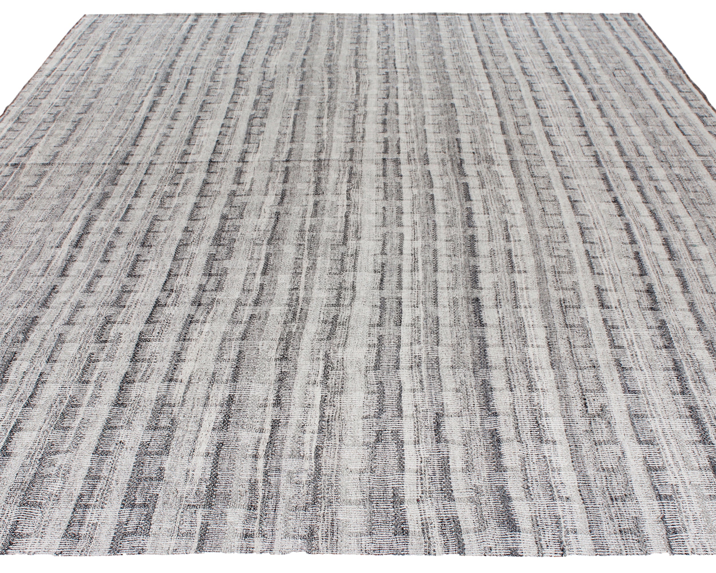 Handwoven Grey Wool Rug with Vertical Strié Texture and Tonal Pattern