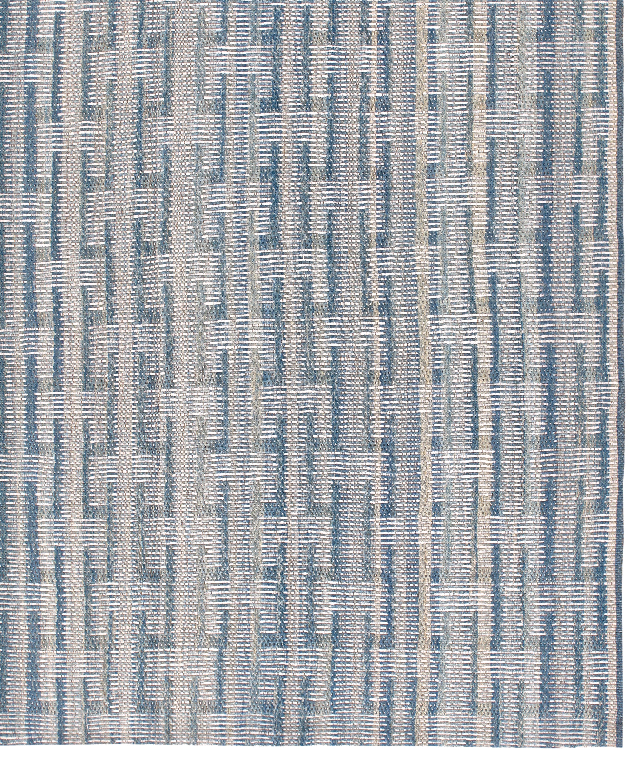 Handwoven Blue and Ivory Wool Rug with Textural Stripe Pattern
