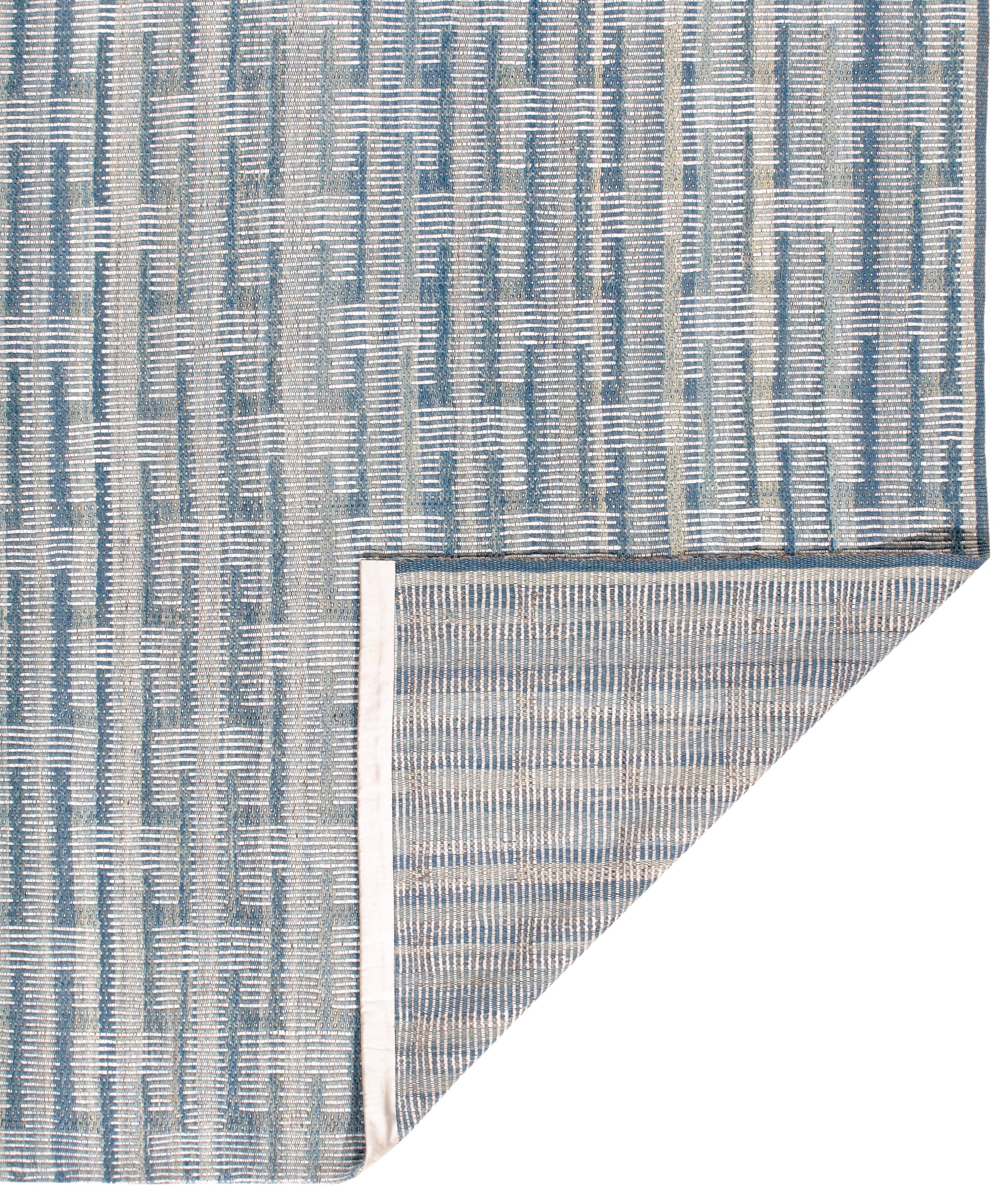 Handwoven Blue and Ivory Wool Rug with Textural Stripe Pattern
