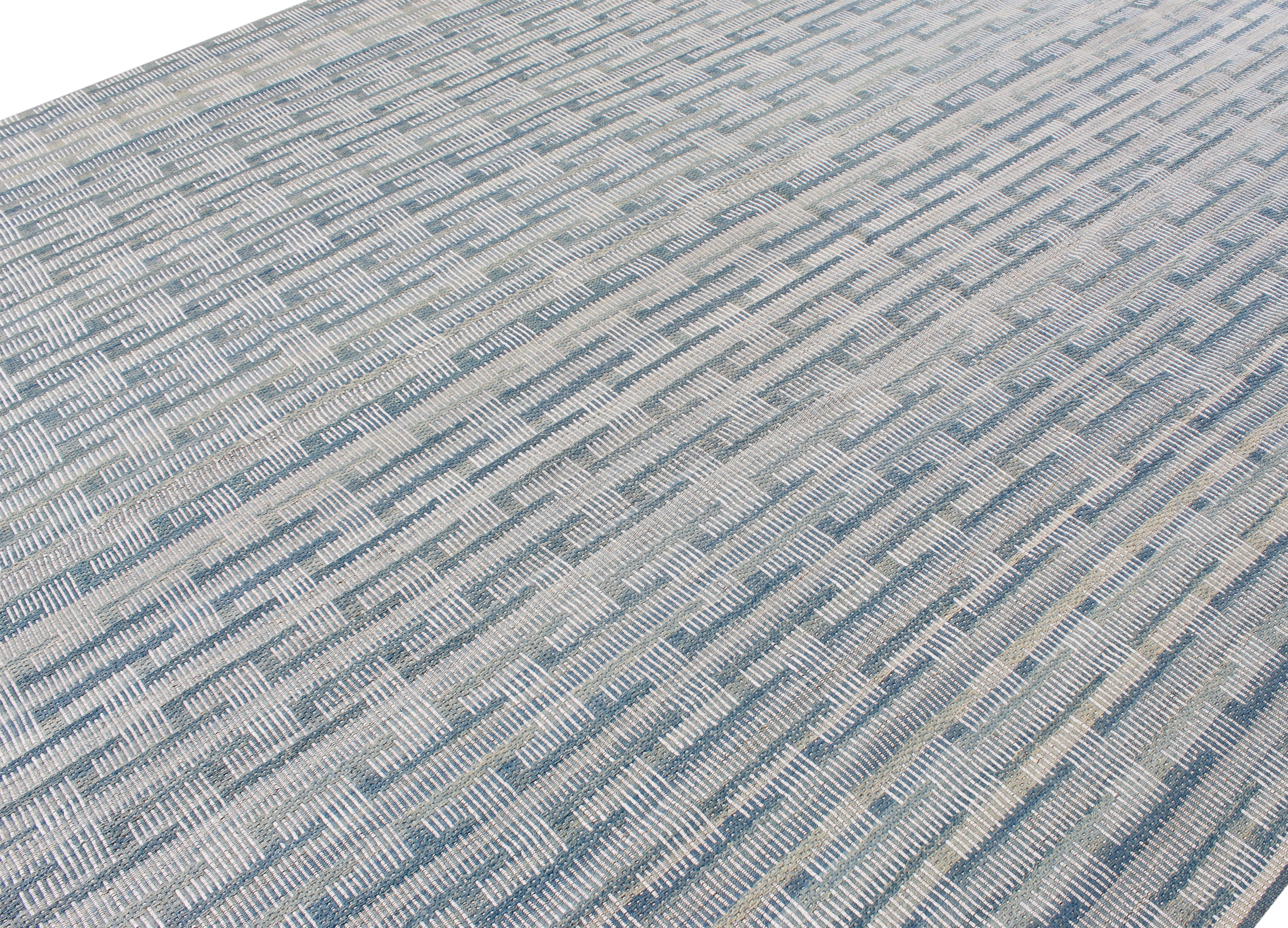 Handwoven Blue and Ivory Wool Rug with Textural Stripe Pattern