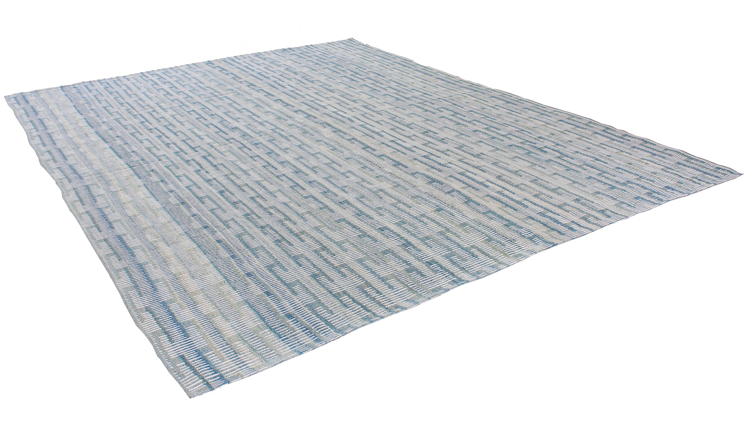 Handwoven Blue and Ivory Wool Rug with Textural Stripe Pattern
