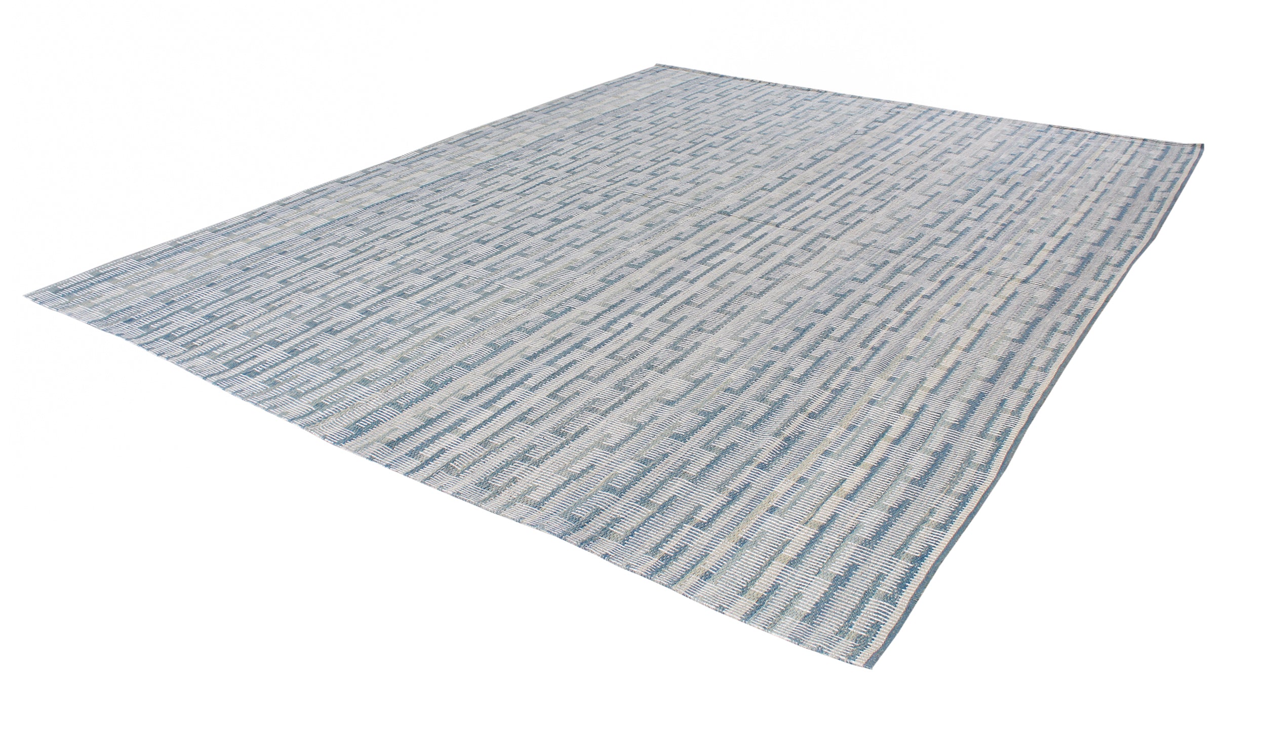 Handwoven Blue and Ivory Wool Rug with Textural Stripe Pattern