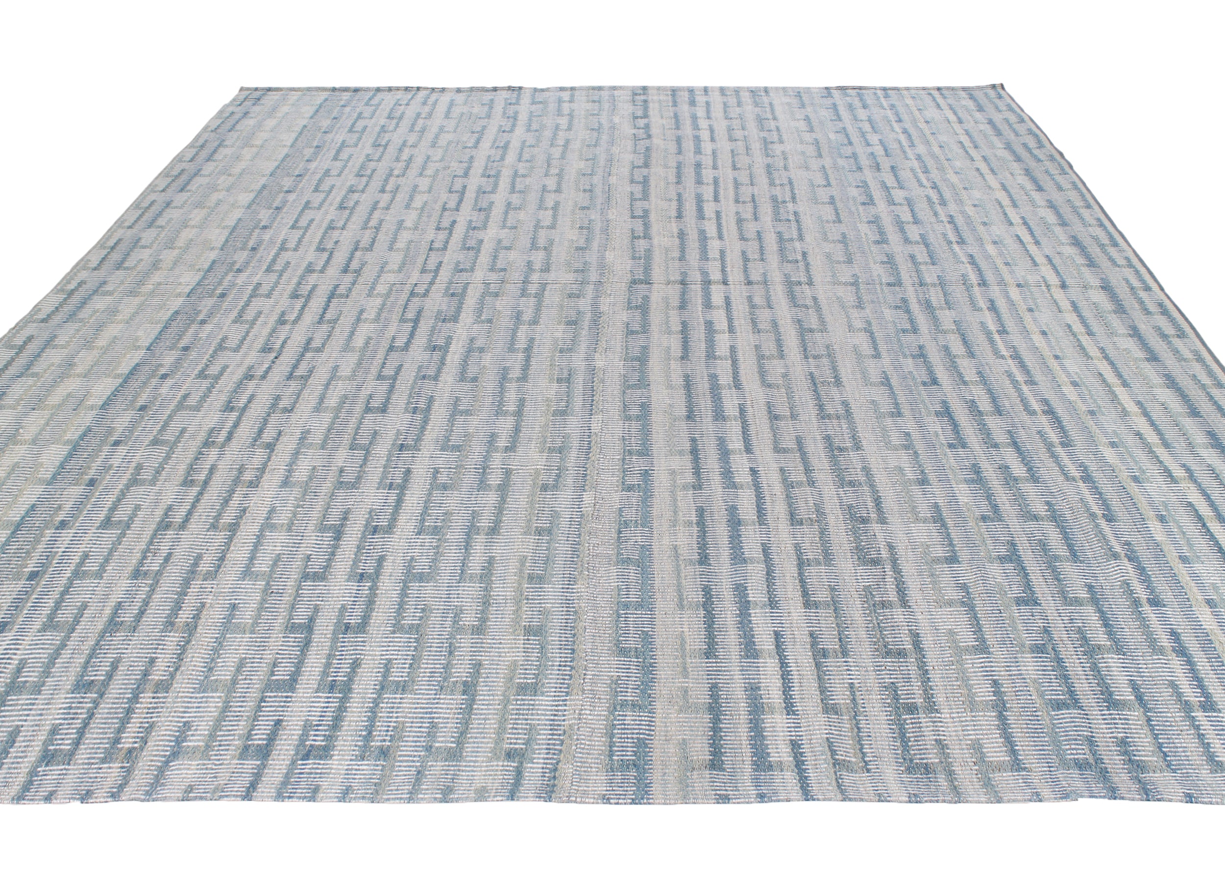 Handwoven Blue and Ivory Wool Rug with Textural Stripe Pattern