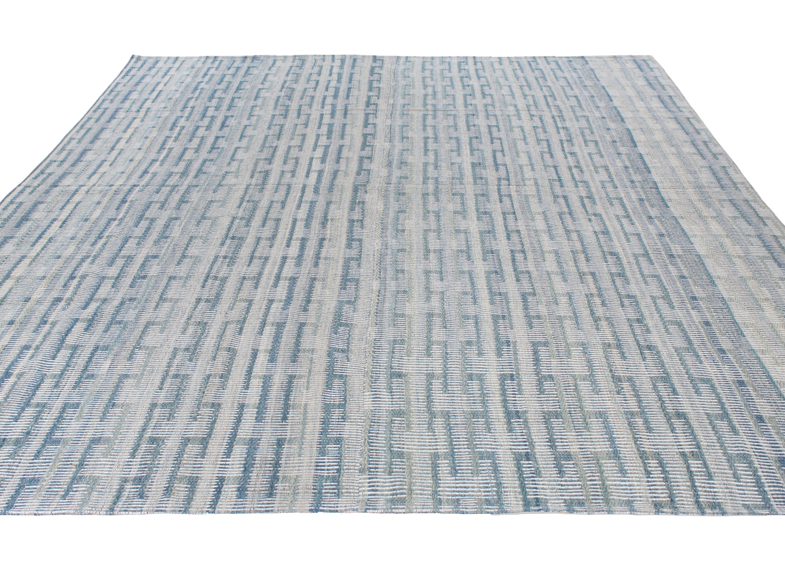 Handwoven Blue and Ivory Wool Rug with Textural Stripe Pattern