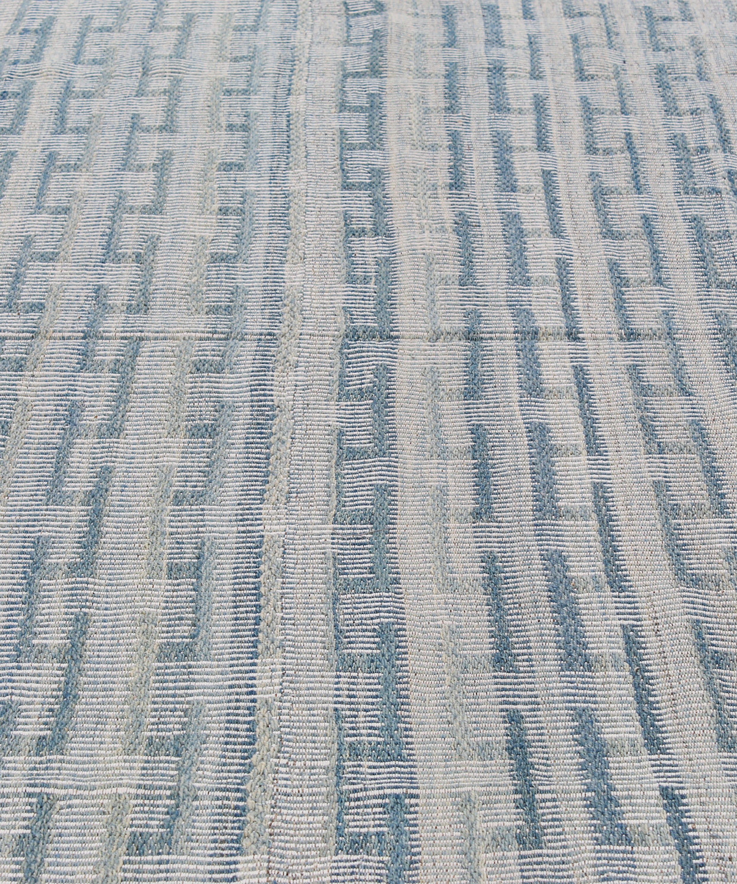 Handwoven Blue and Ivory Wool Rug with Textural Stripe Pattern
