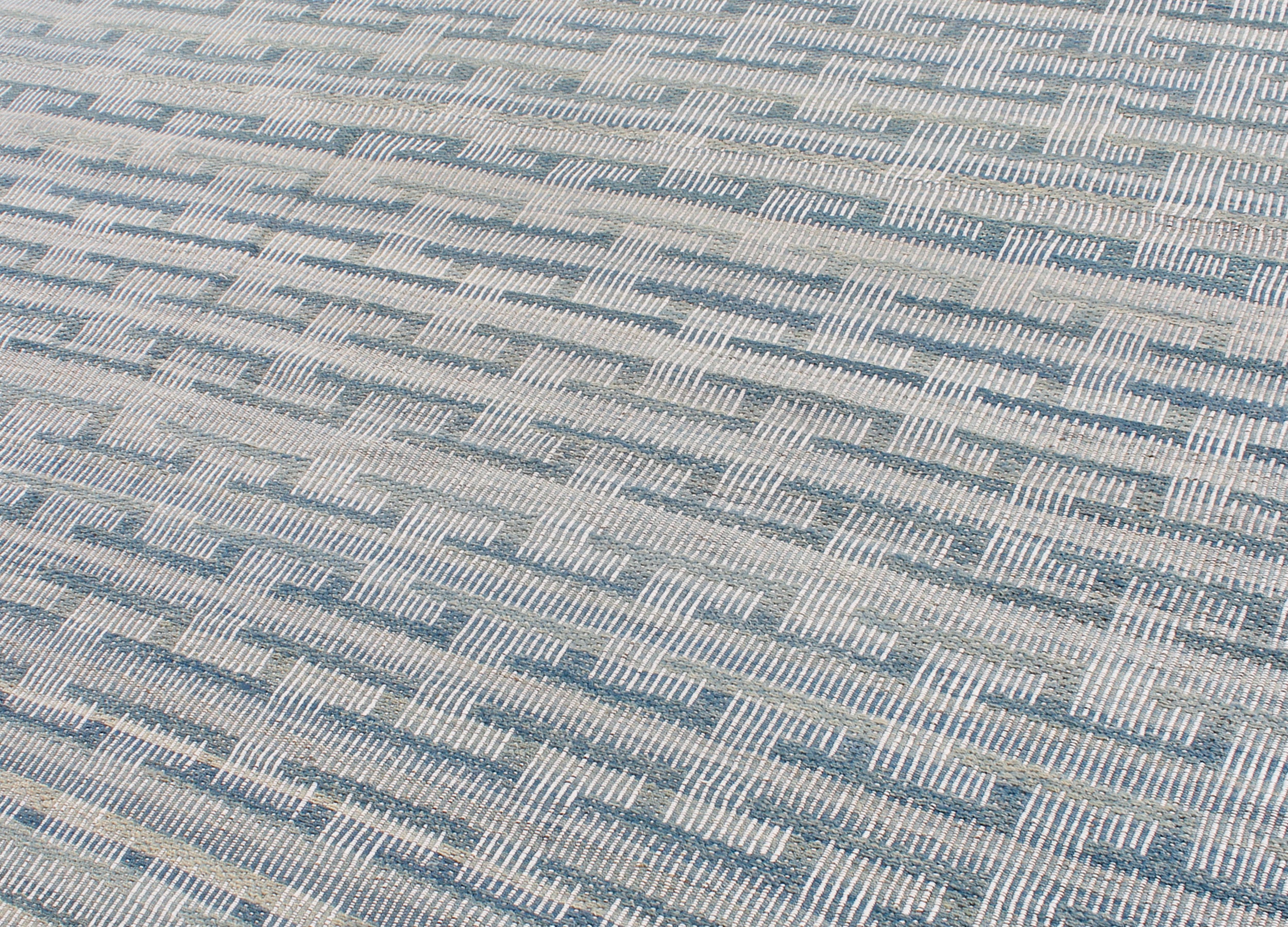 Handwoven Blue and Ivory Wool Rug with Textural Stripe Pattern