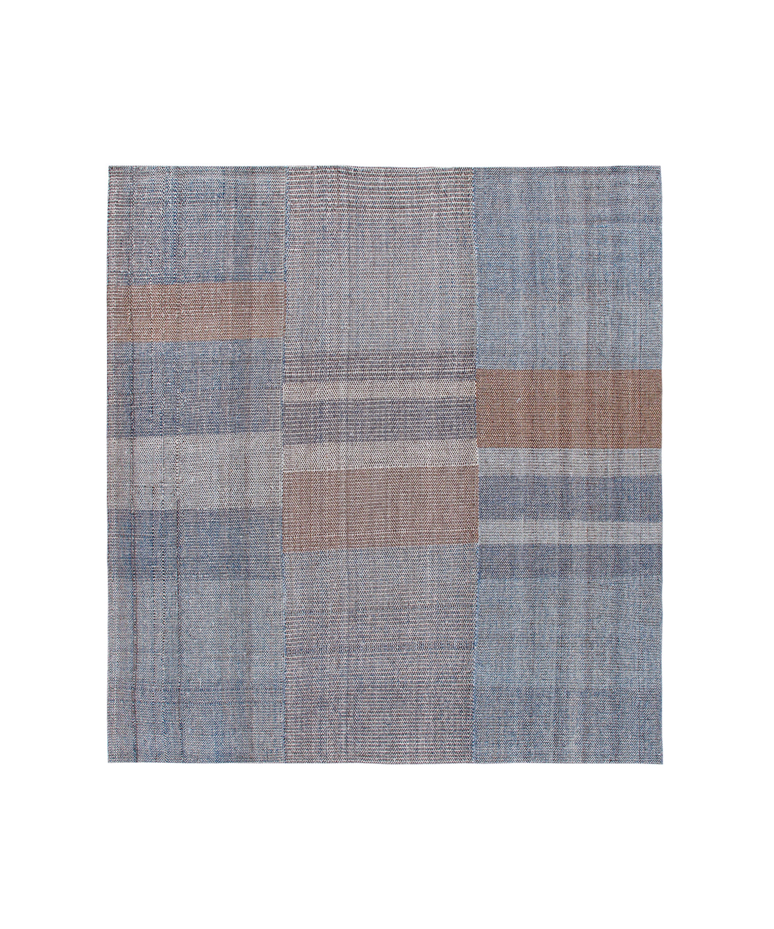 Handwoven Wool Rug in Denim Blue and Terracotta with Modern Block Weave