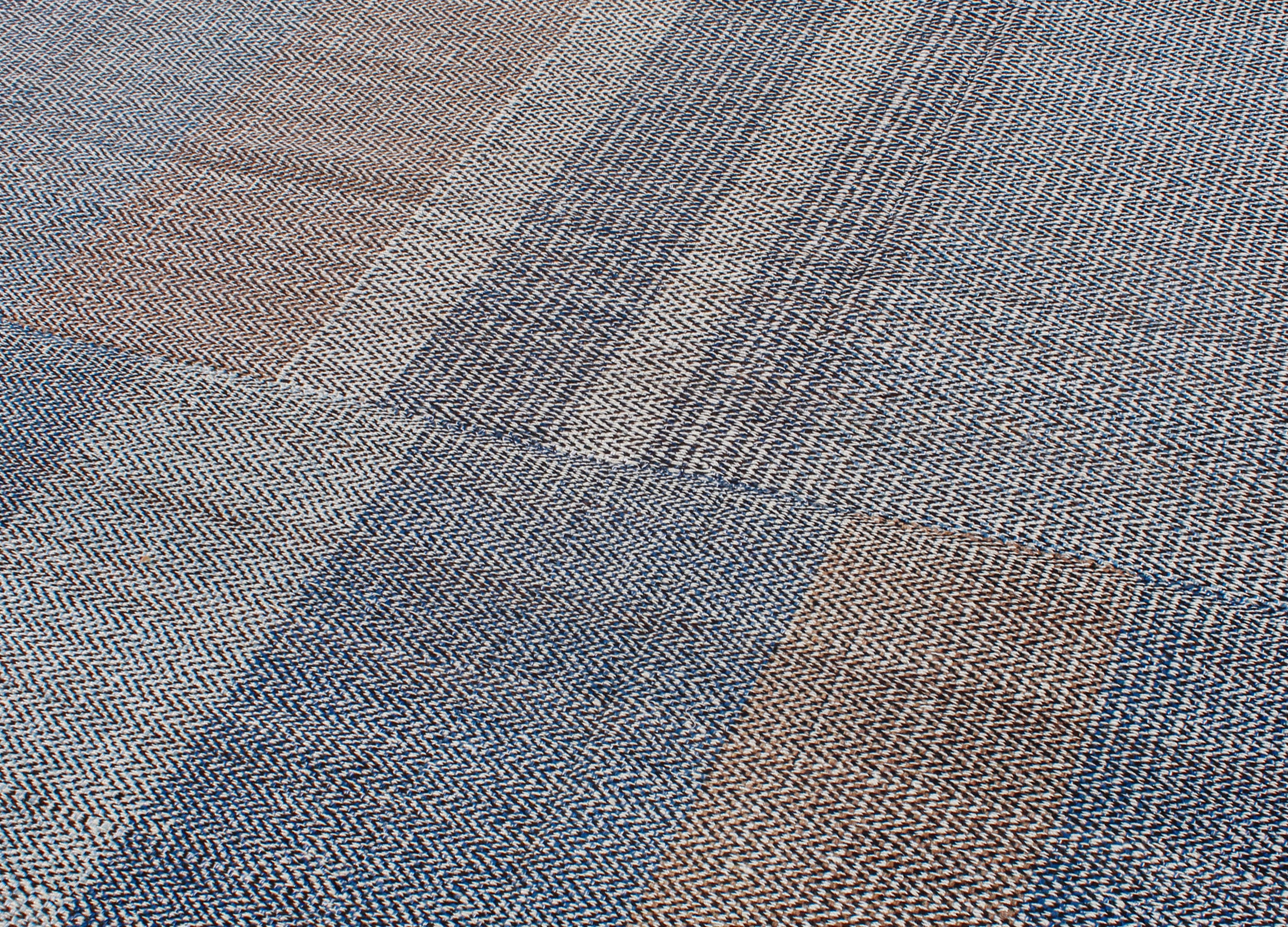 Handwoven Wool Rug in Denim Blue and Terracotta with Modern Block Weave