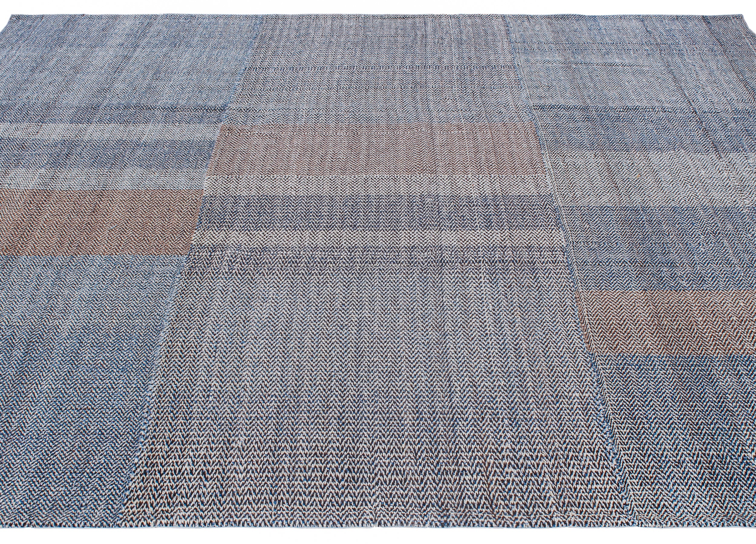 Handwoven Wool Rug in Denim Blue and Terracotta with Modern Block Weave
