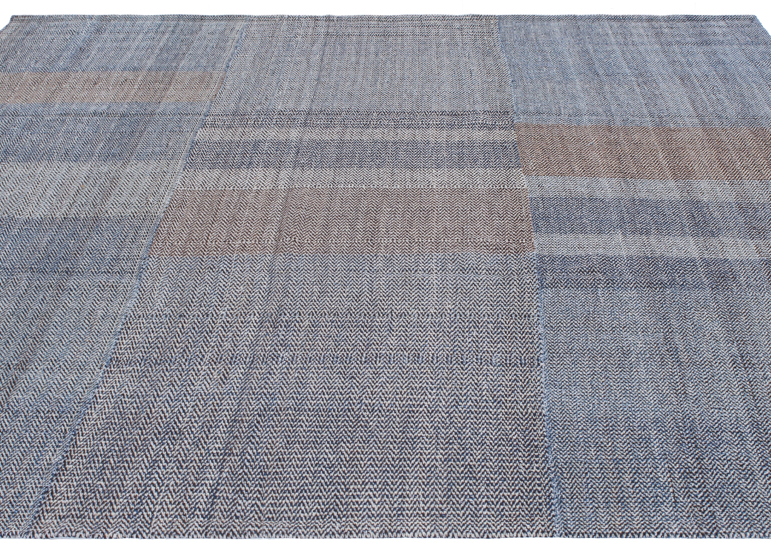 Handwoven Wool Rug in Denim Blue and Terracotta with Modern Block Weave