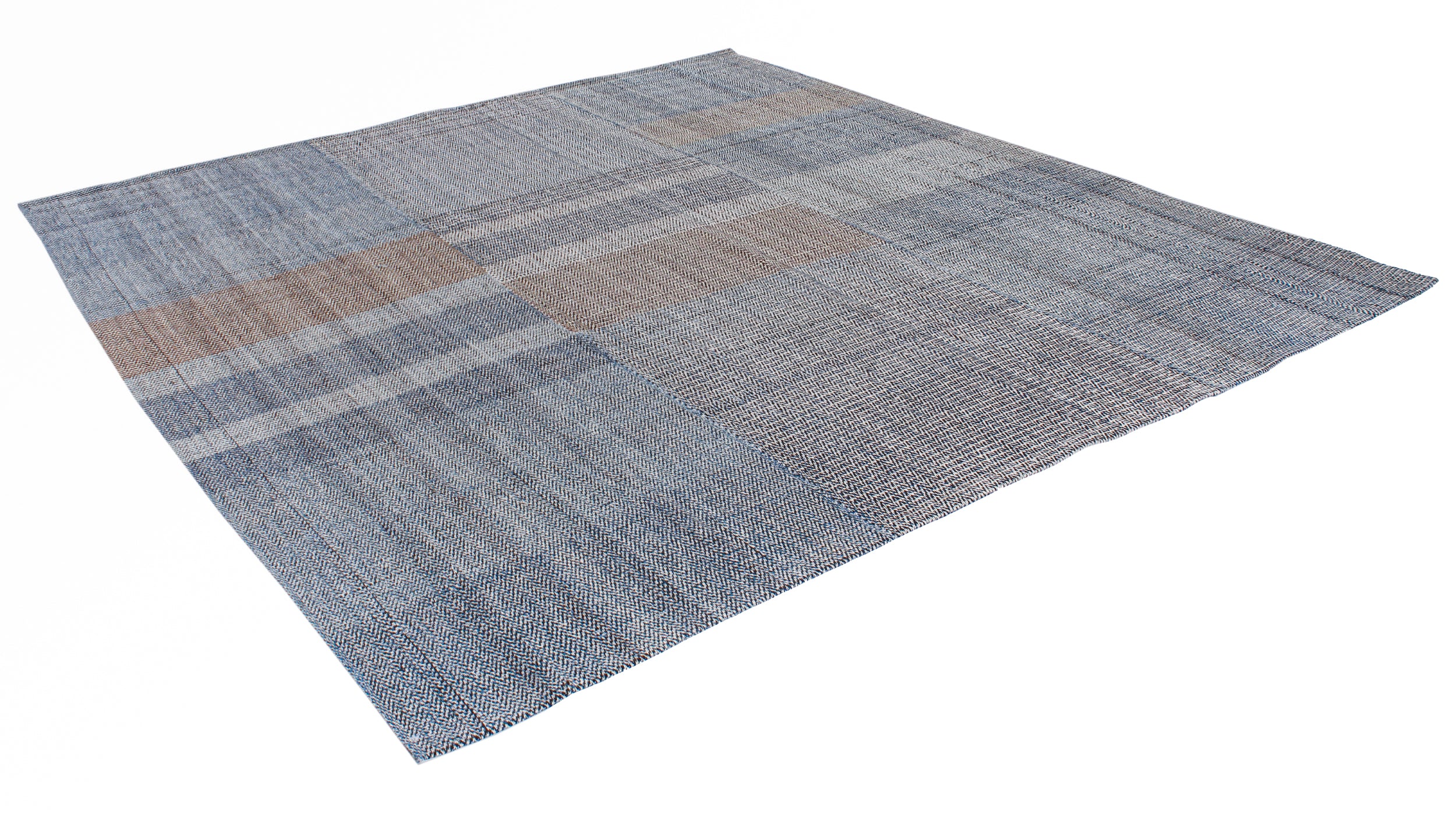 Handwoven Wool Rug in Denim Blue and Terracotta with Modern Block Weave