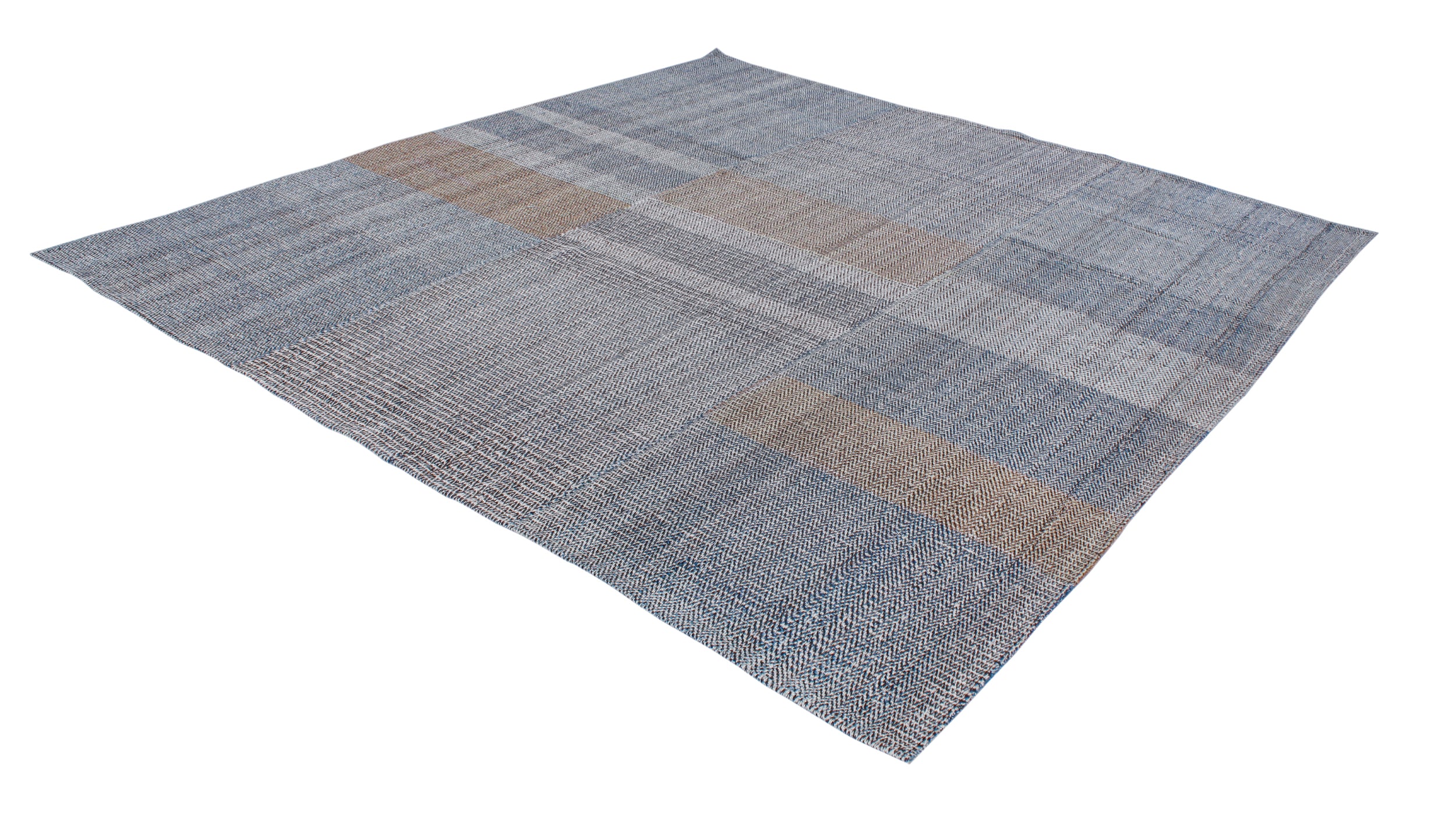 Handwoven Wool Rug in Denim Blue and Terracotta with Modern Block Weave