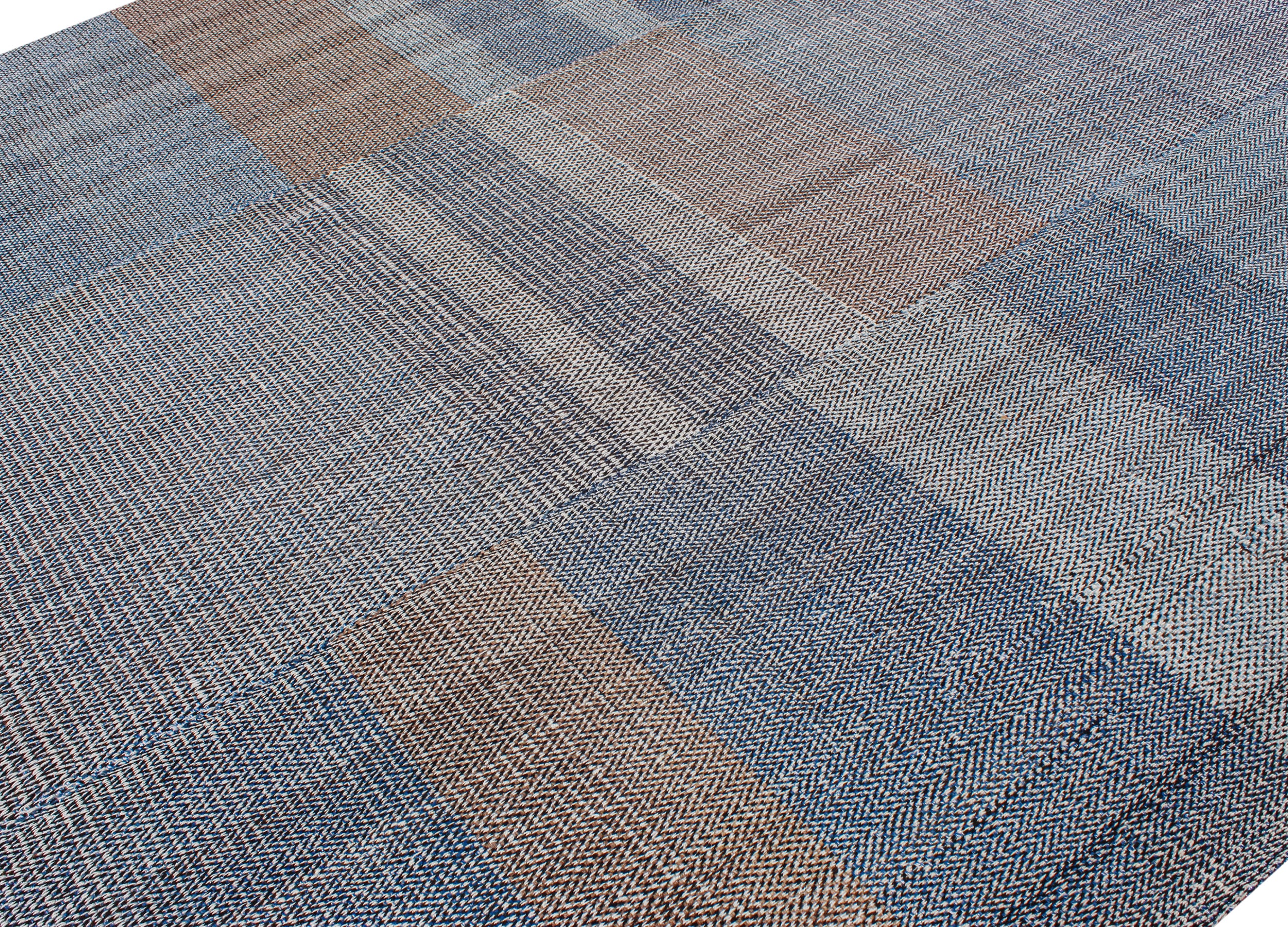Handwoven Wool Rug in Denim Blue and Terracotta with Modern Block Weave