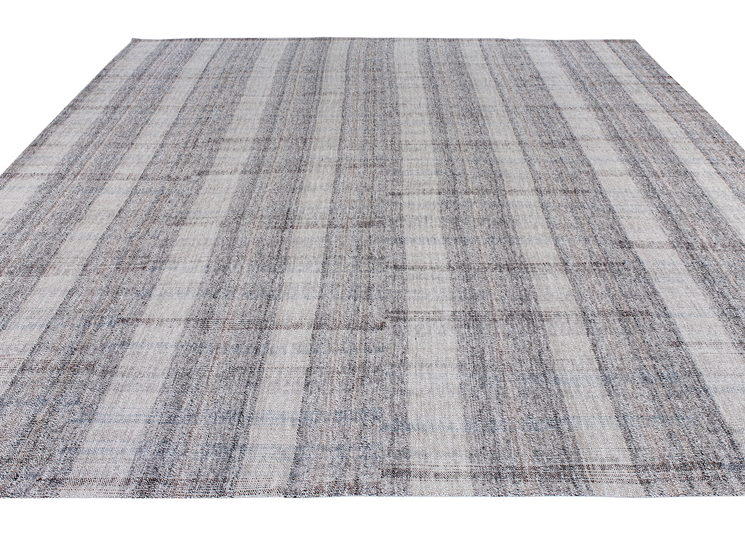 Handwoven Wool Rug in Blue-Grey and Ivory with Subtle Vertical Striping