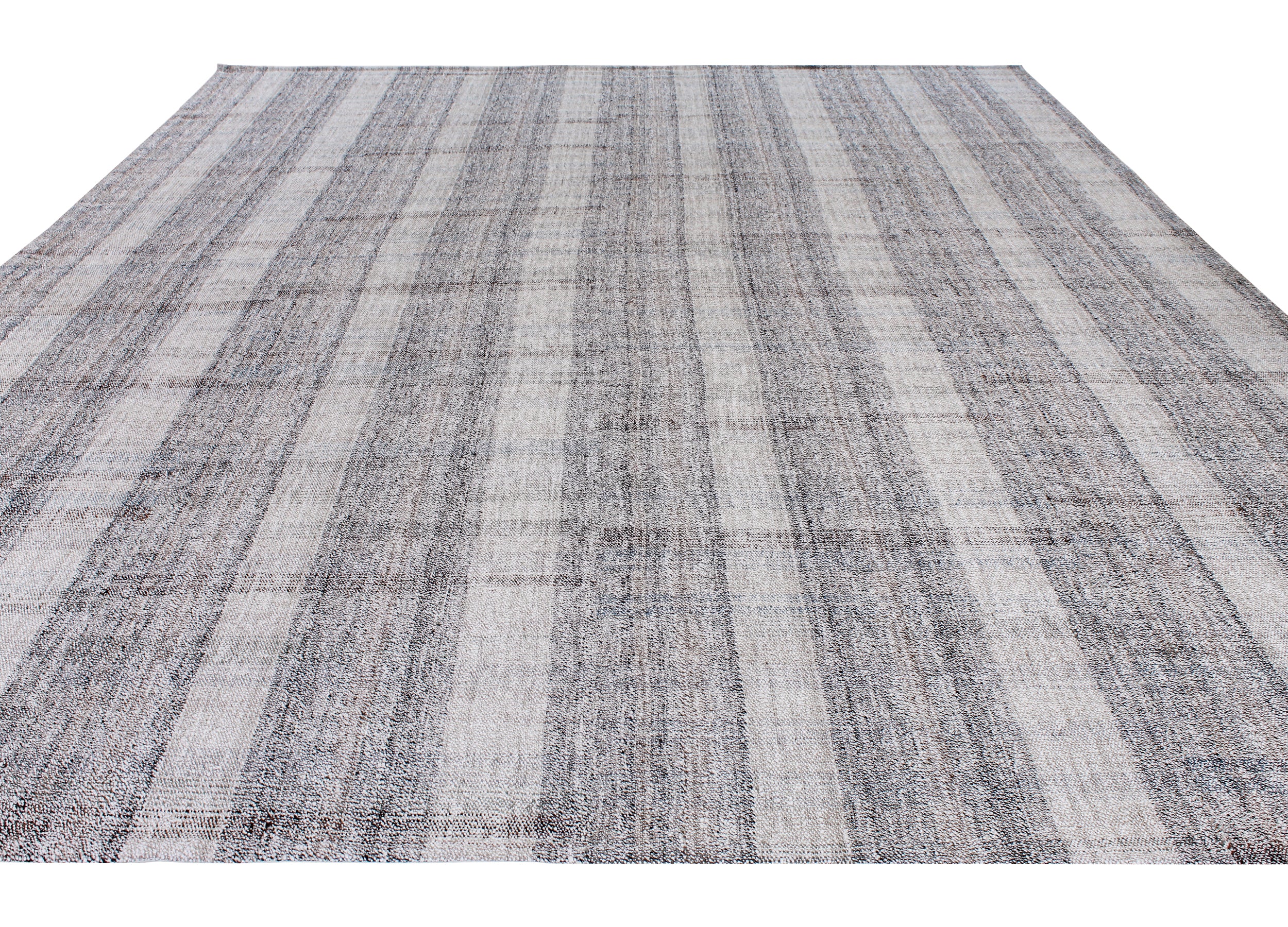 Handwoven Wool Rug in Blue-Grey and Ivory with Subtle Vertical Striping