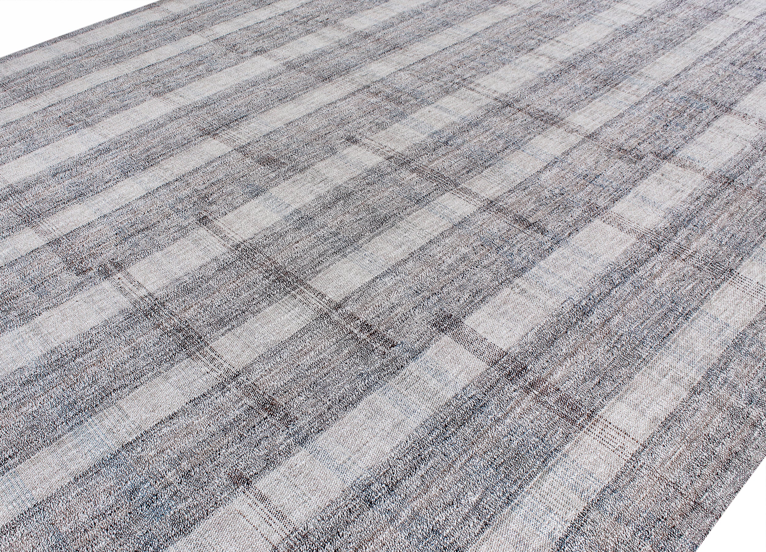Handwoven Wool Rug in Blue-Grey and Ivory with Subtle Vertical Striping