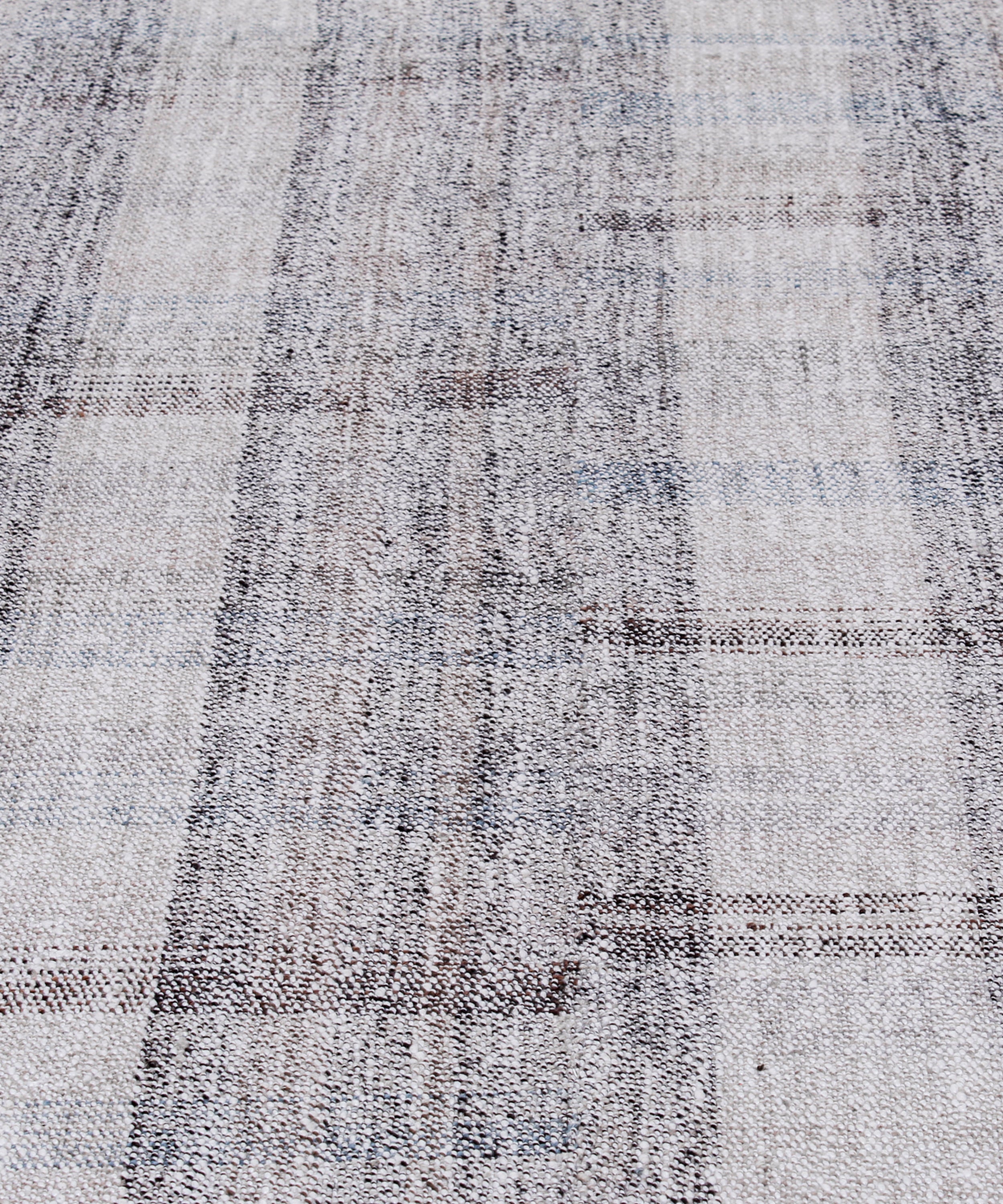 Handwoven Wool Rug in Blue-Grey and Ivory with Subtle Vertical Striping