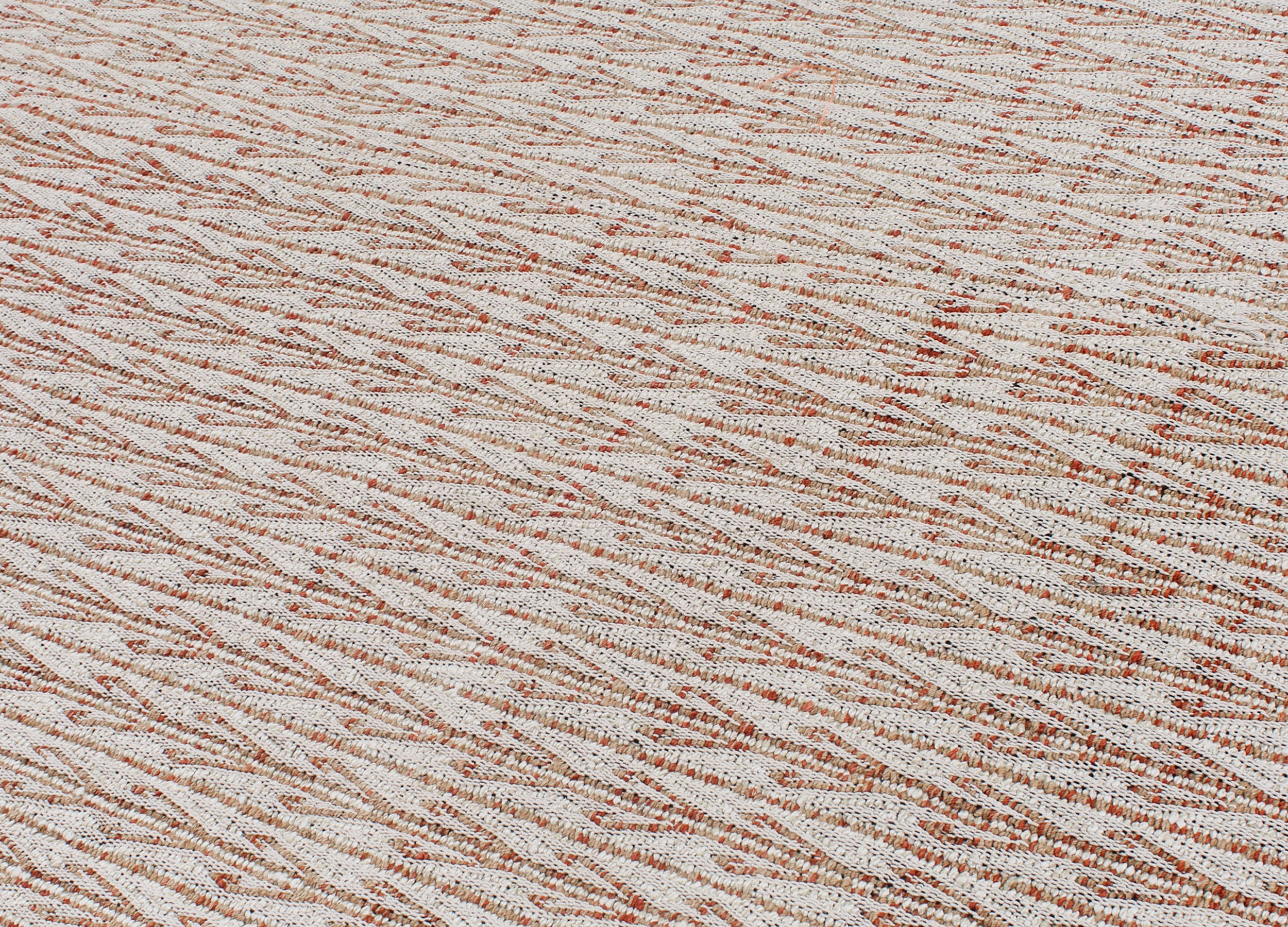 Handwoven Wool Rug in Terracotta and Ivory with Linear Zigzag Texture