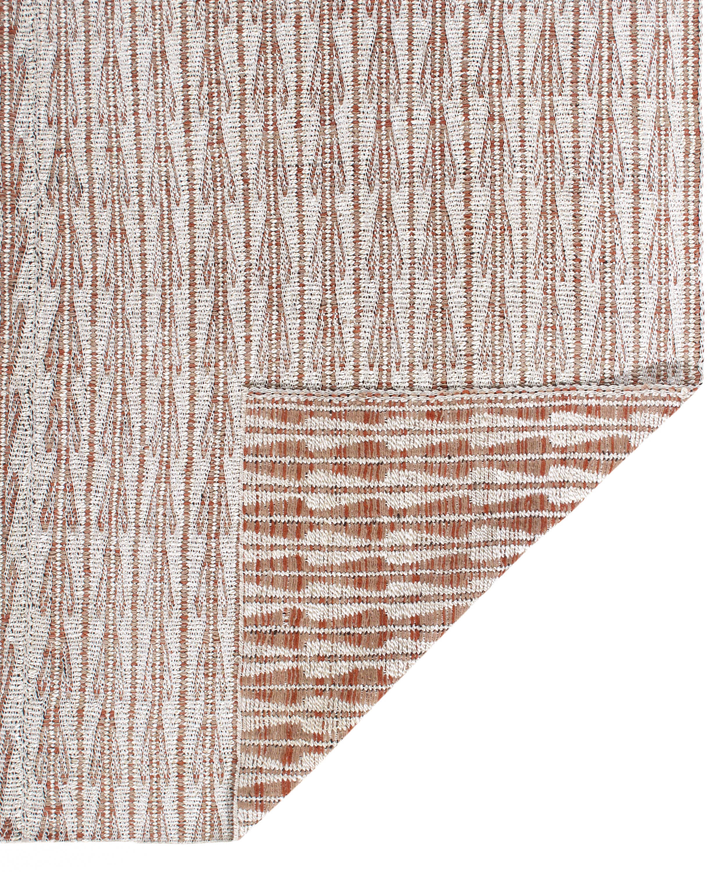 Handwoven Wool Rug in Terracotta and Ivory with Linear Zigzag Texture