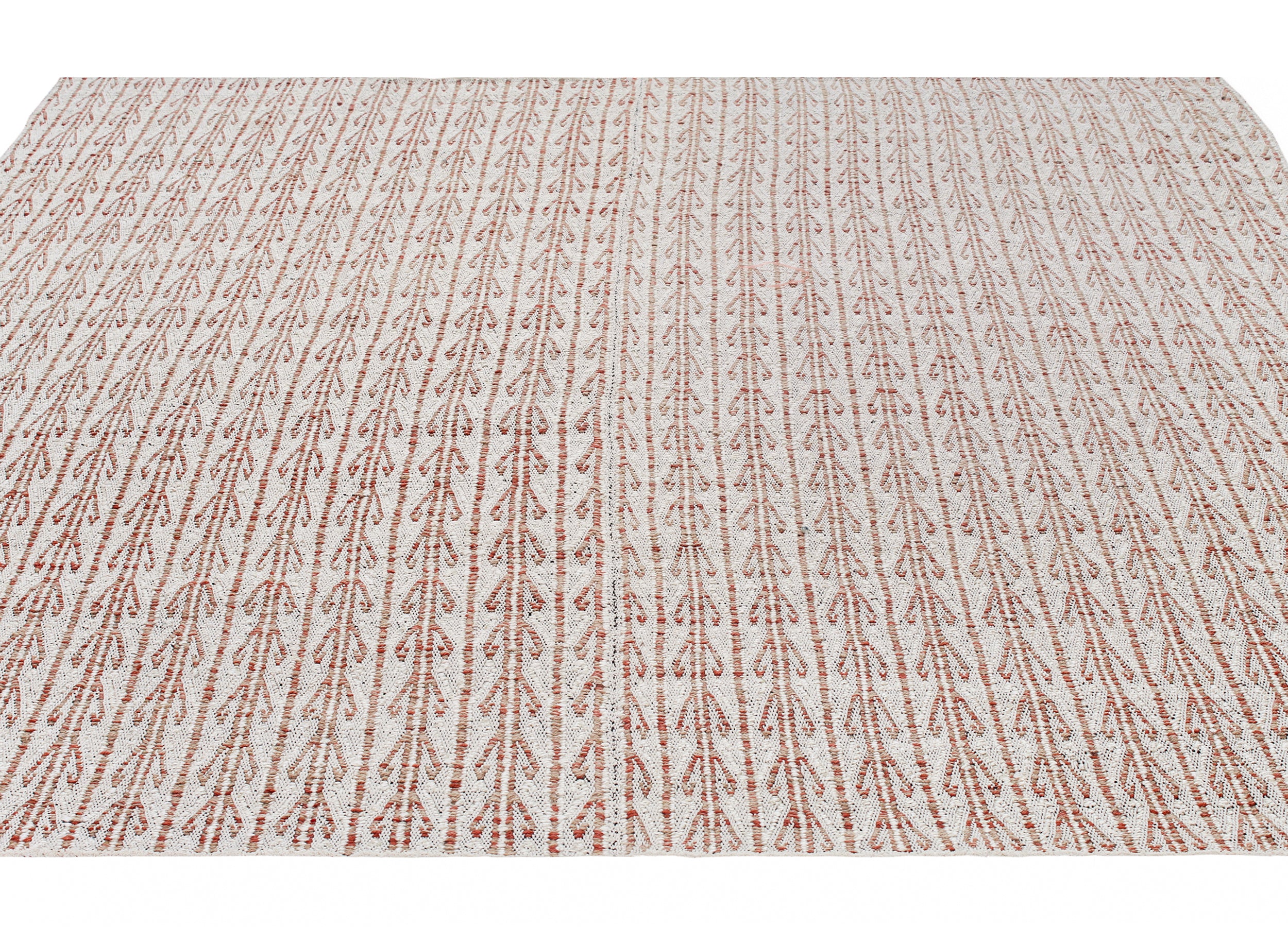 Handwoven Wool Rug in Terracotta and Ivory with Linear Zigzag Texture