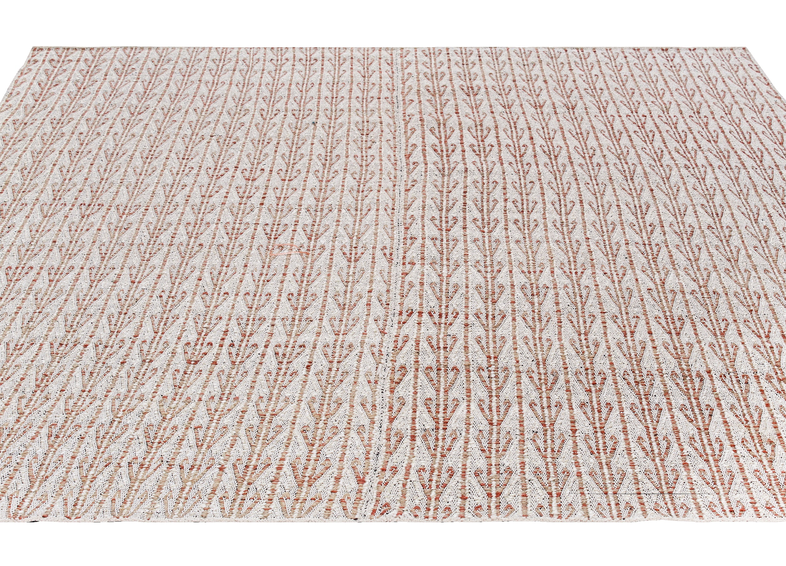 Handwoven Wool Rug in Terracotta and Ivory with Linear Zigzag Texture