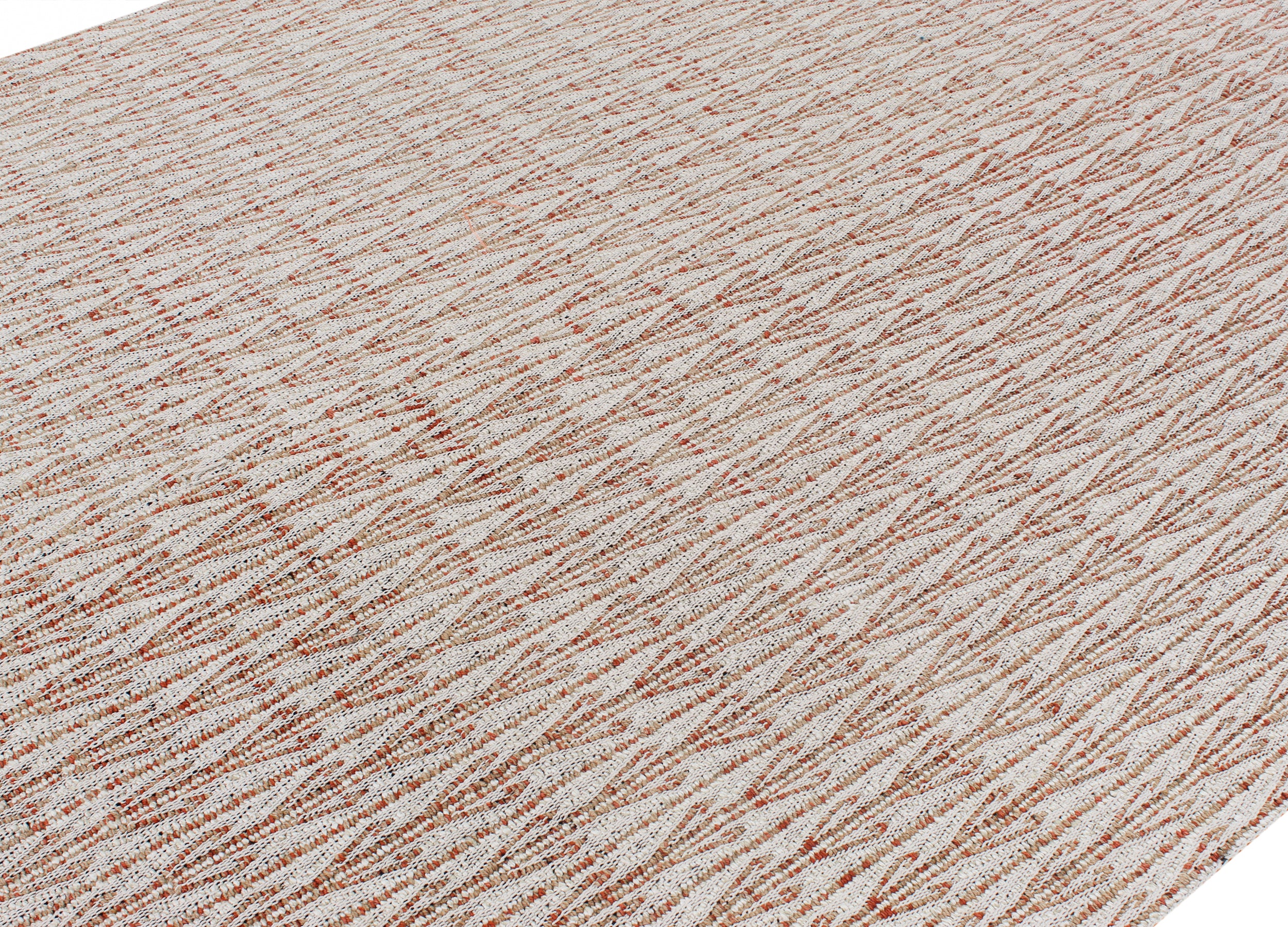 Handwoven Wool Rug in Terracotta and Ivory with Linear Zigzag Texture