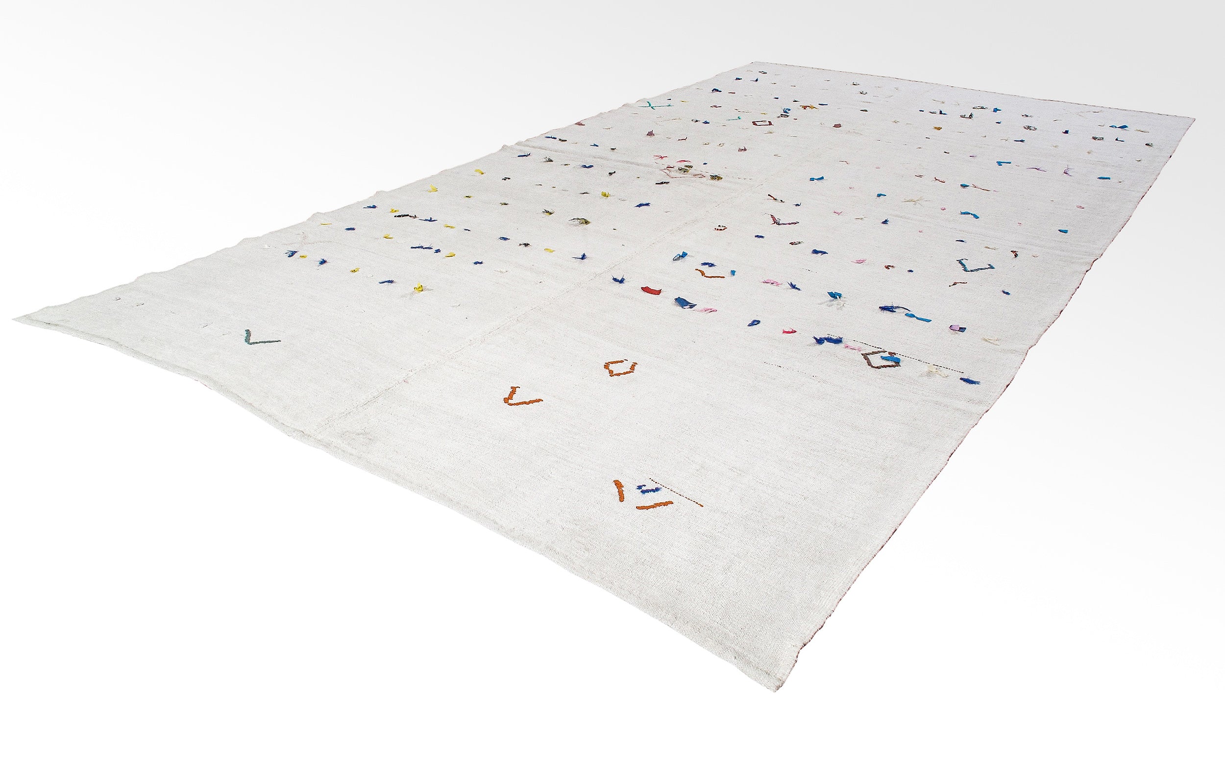 Ivory Flatweave Rug with Multicolor Tribal Embroidered Accents
