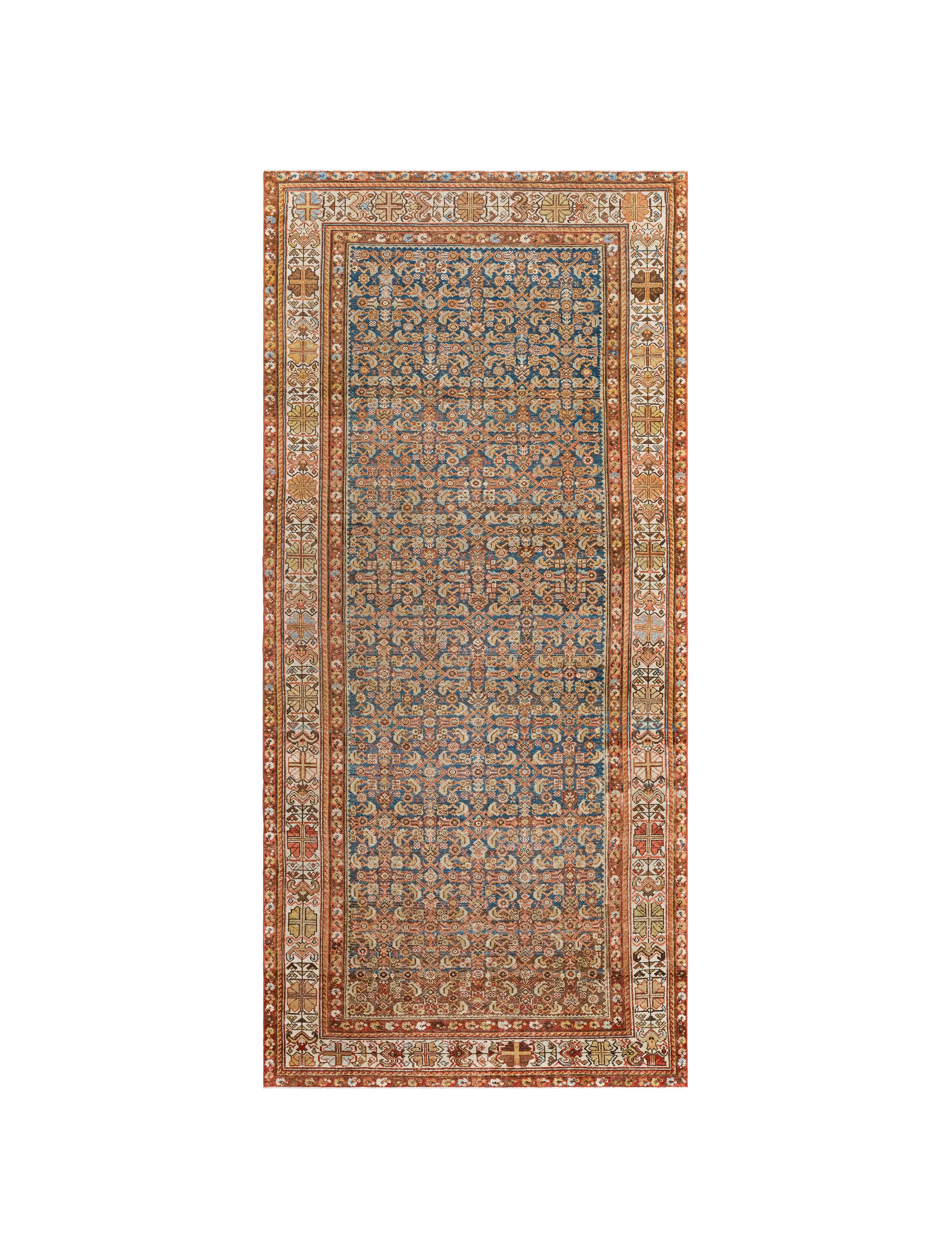Antique-Style Persian Garden Carpet with Brick Red Border and Blue Field