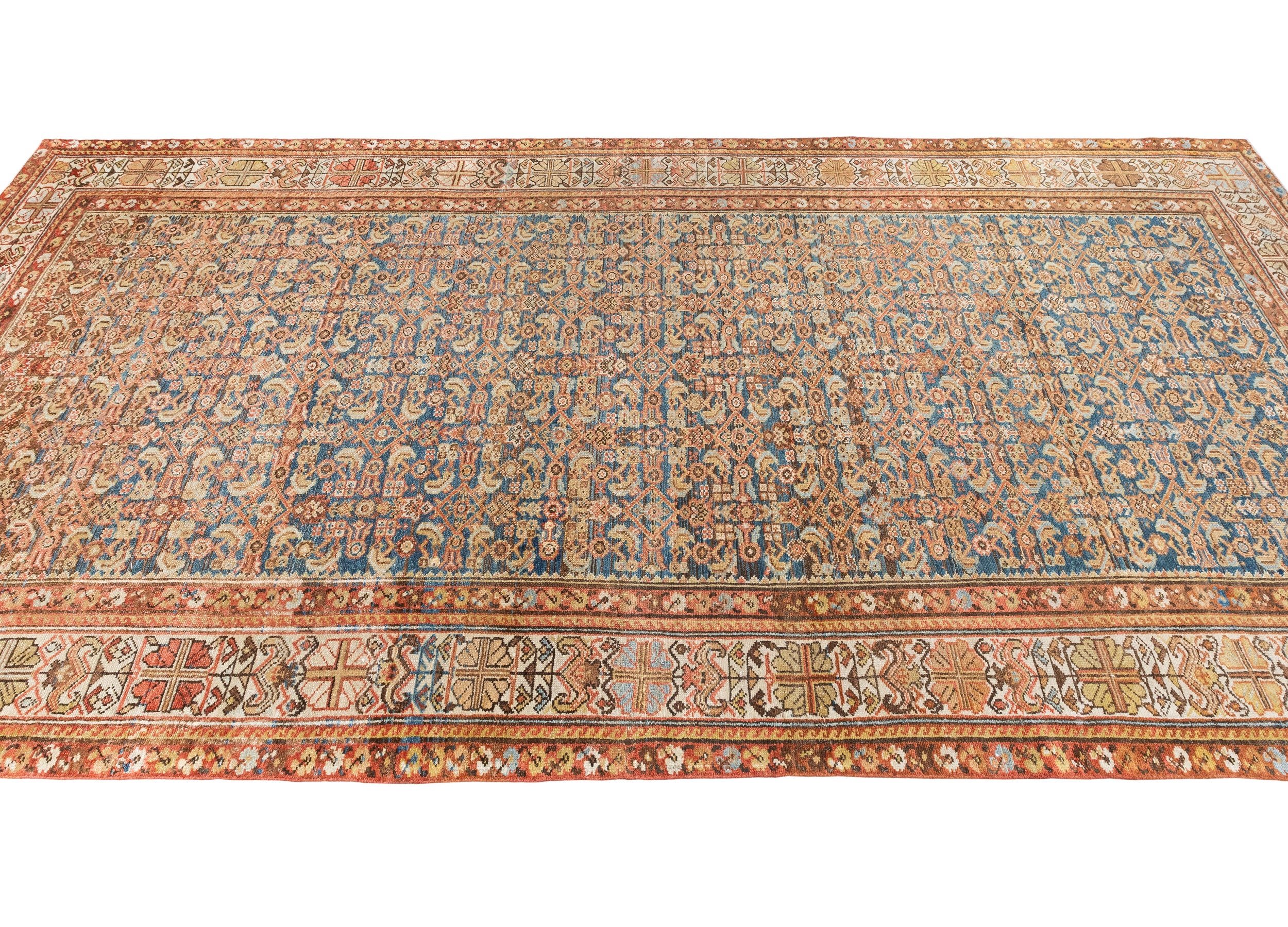 Antique-Style Persian Garden Carpet with Brick Red Border and Blue Field