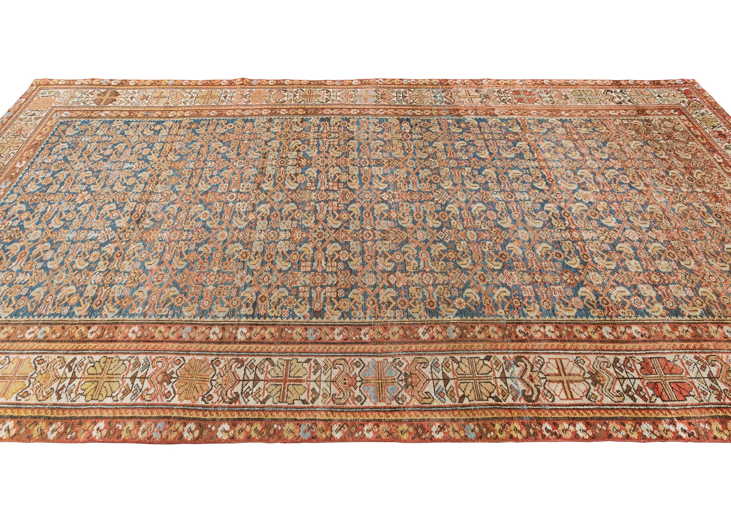 Antique-Style Persian Garden Carpet with Brick Red Border and Blue Field