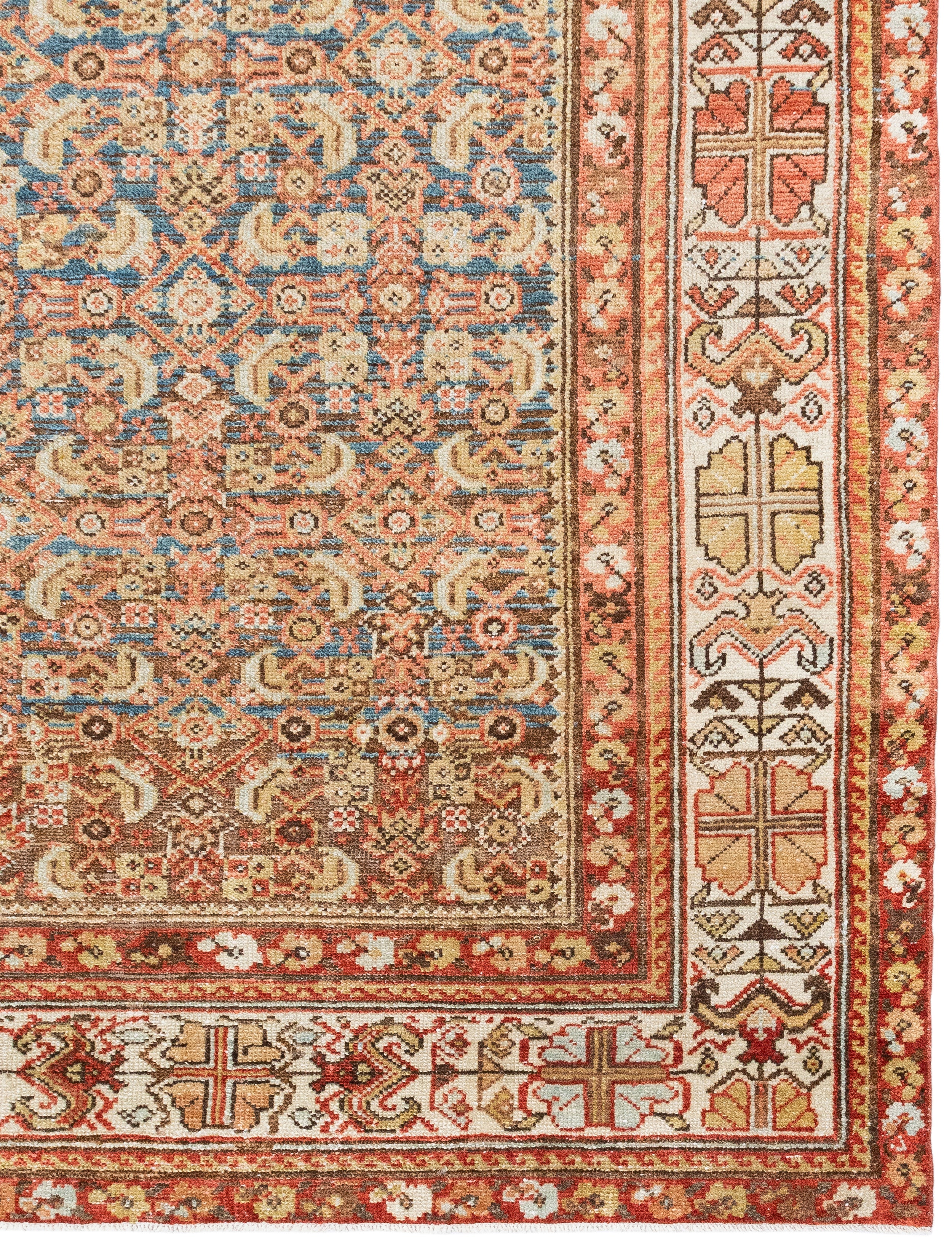 Antique-Style Persian Garden Carpet with Brick Red Border and Blue Field