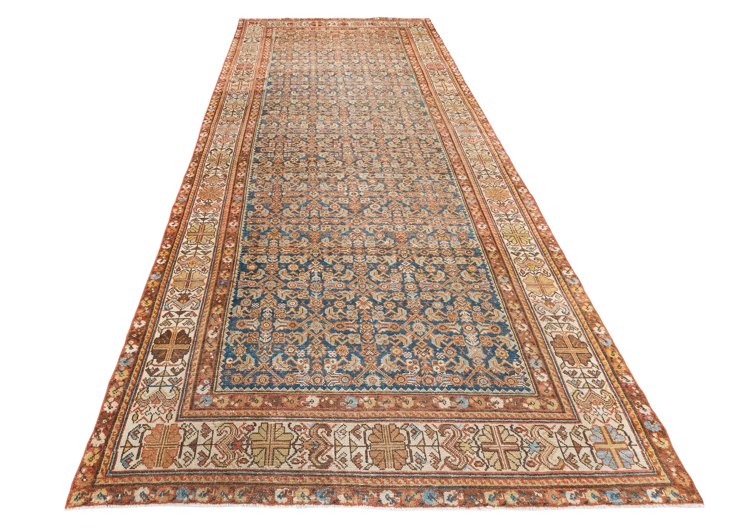 Antique-Style Persian Garden Carpet with Brick Red Border and Blue Field