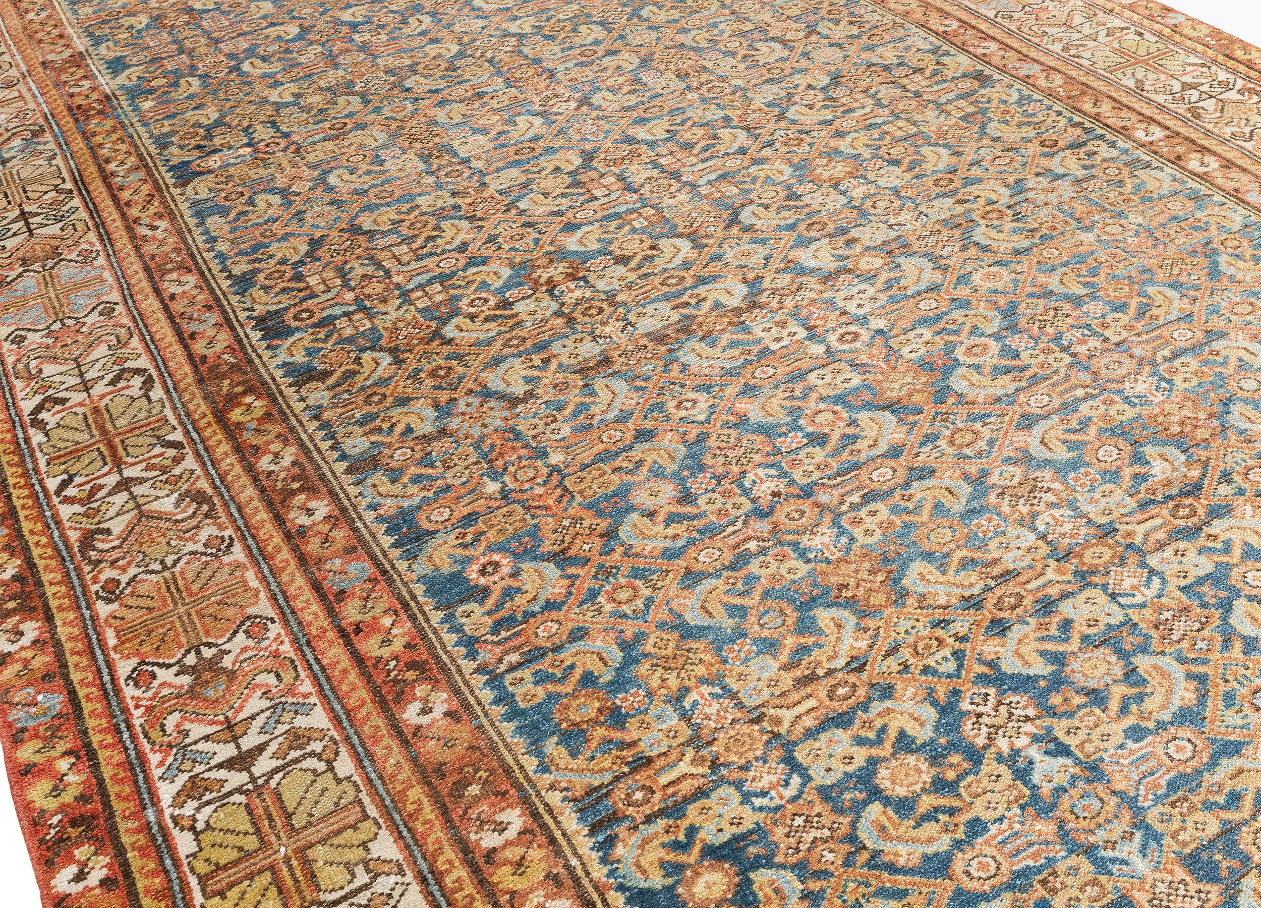 Antique-Style Persian Garden Carpet with Brick Red Border and Blue Field