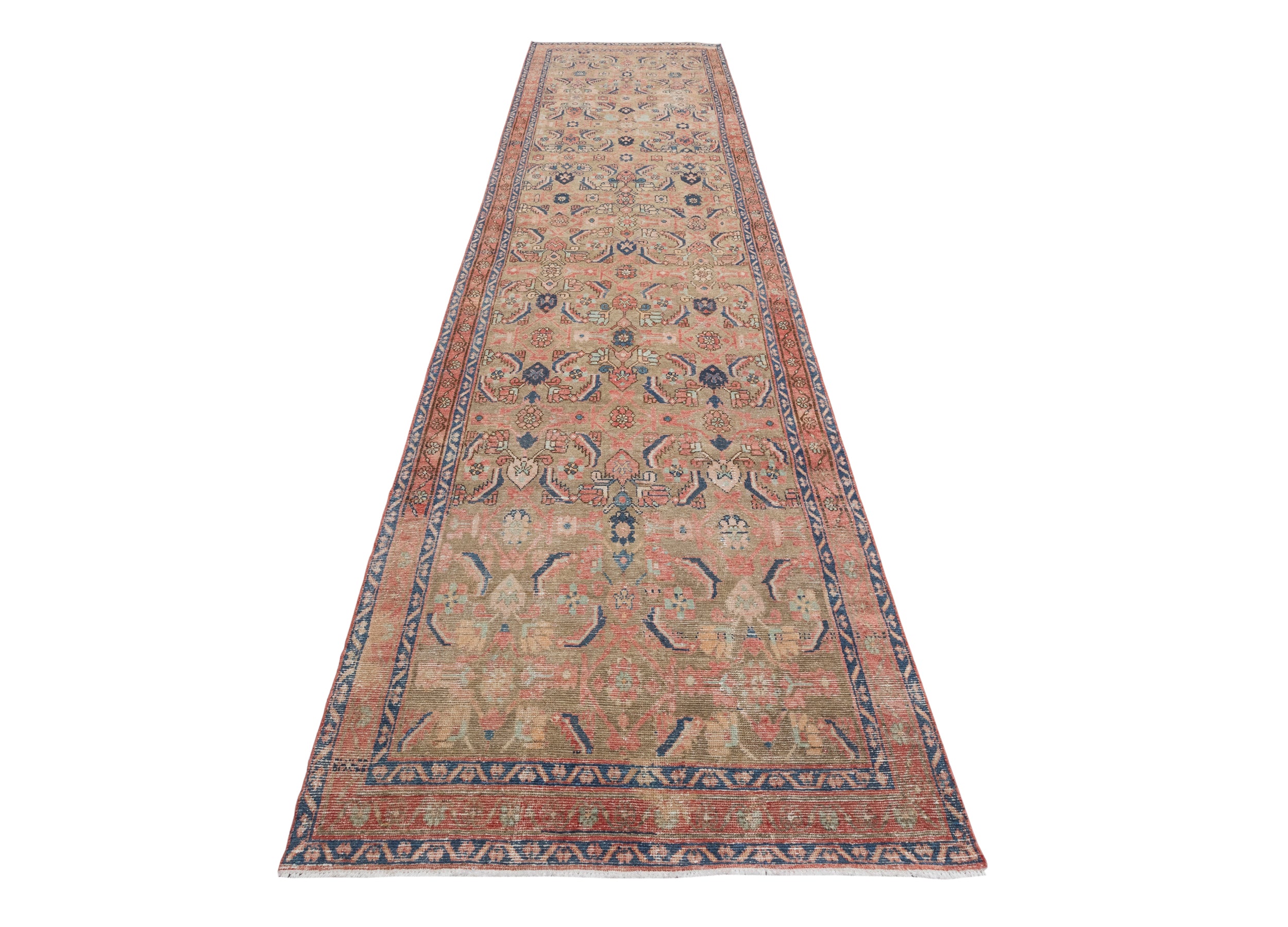Antique Persian Runner with Floral Medallions and Coral Field