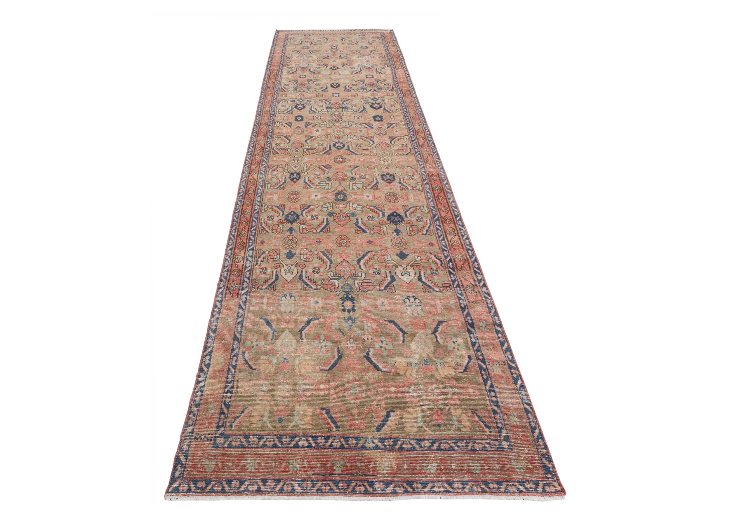 Antique Persian Runner with Floral Medallions and Coral Field