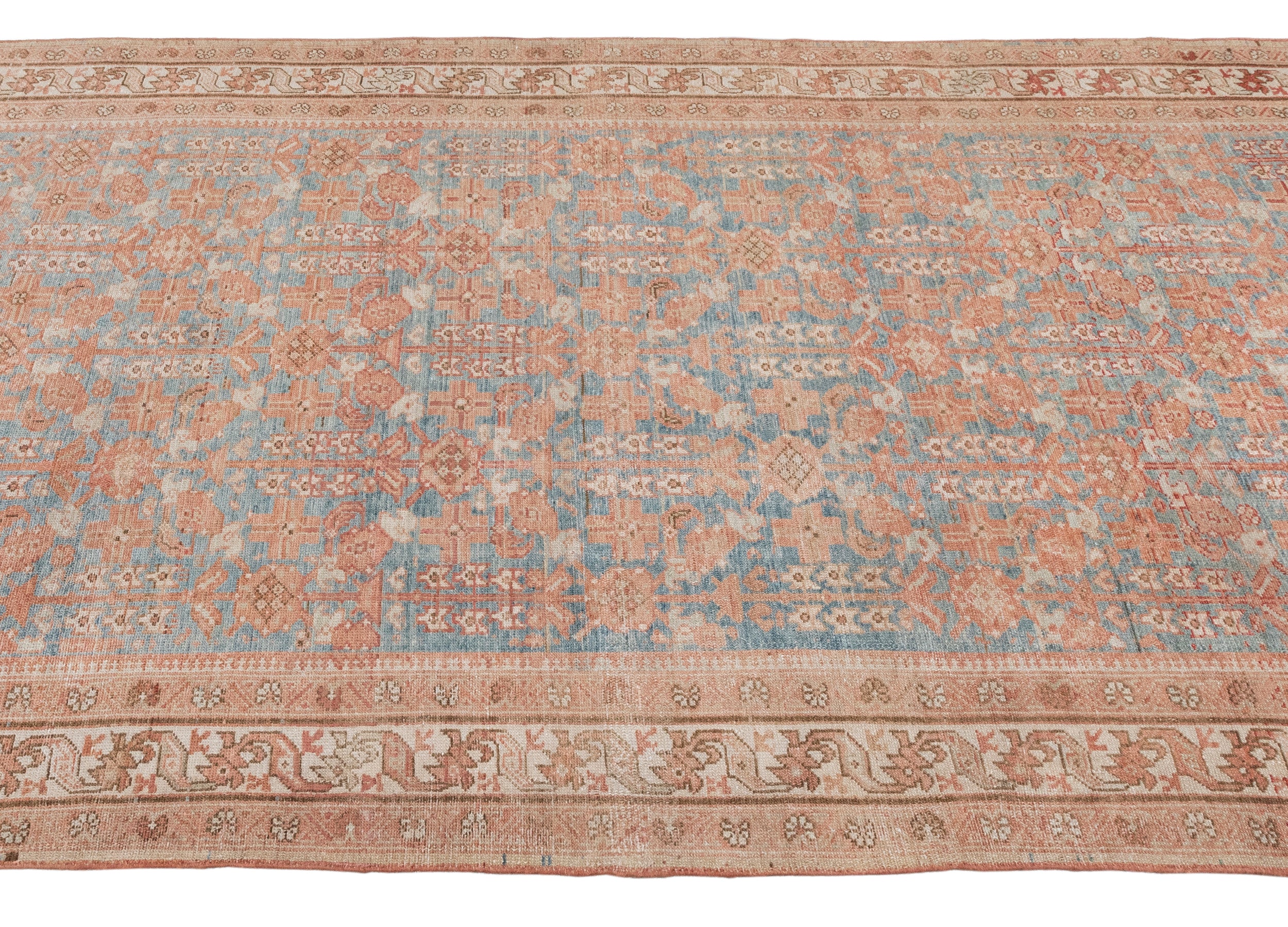 Antique Persian Rug with Sky Blue and Rust Allover Floral Pattern