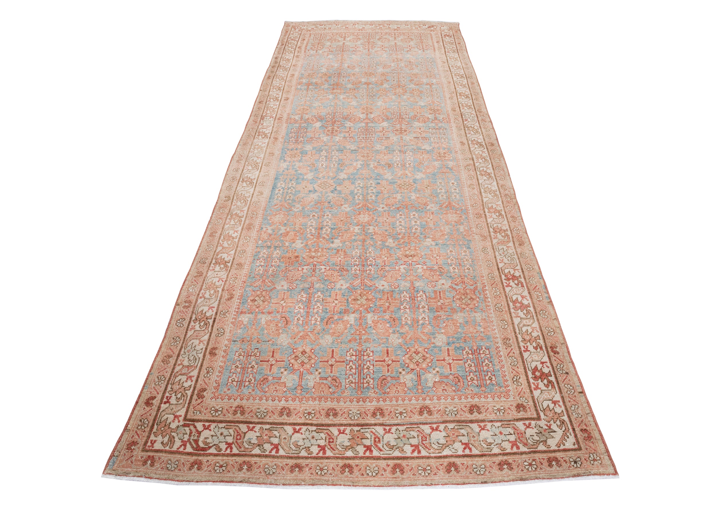 Antique Persian Rug with Sky Blue and Rust Allover Floral Pattern