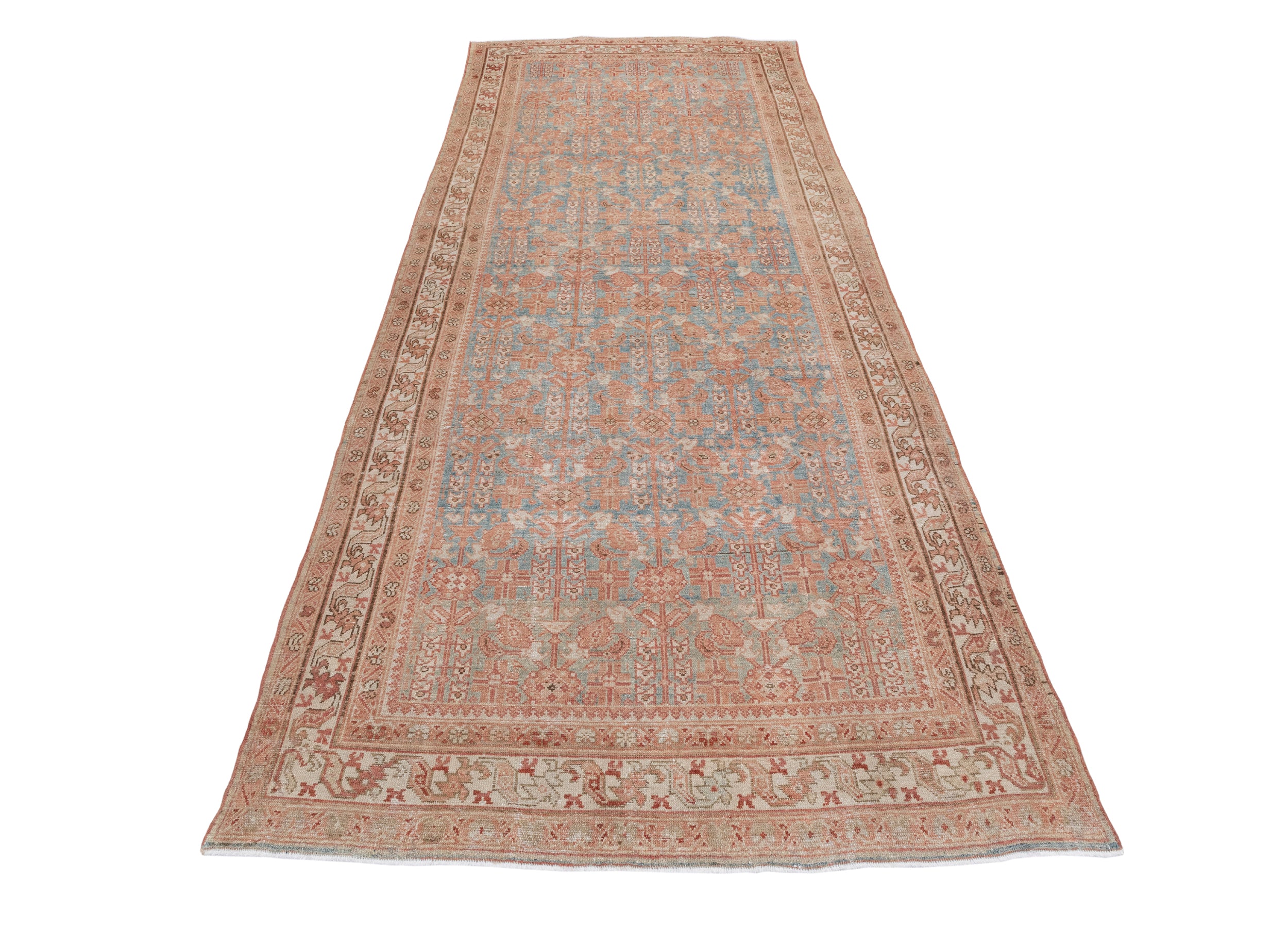 Antique Persian Rug with Sky Blue and Rust Allover Floral Pattern