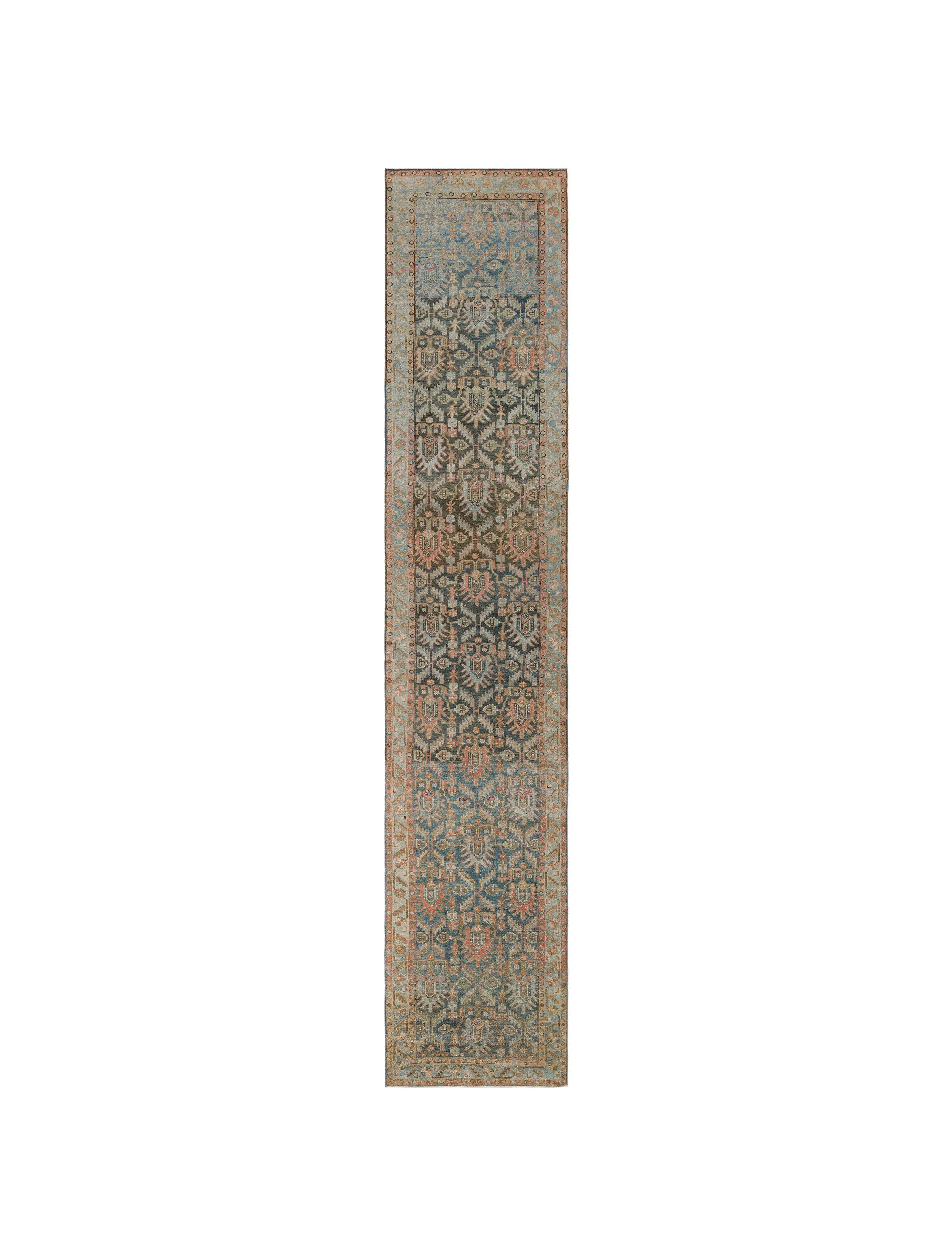 Antique Persian Runner with Sky Blue and Rust Tribal Floral Motif